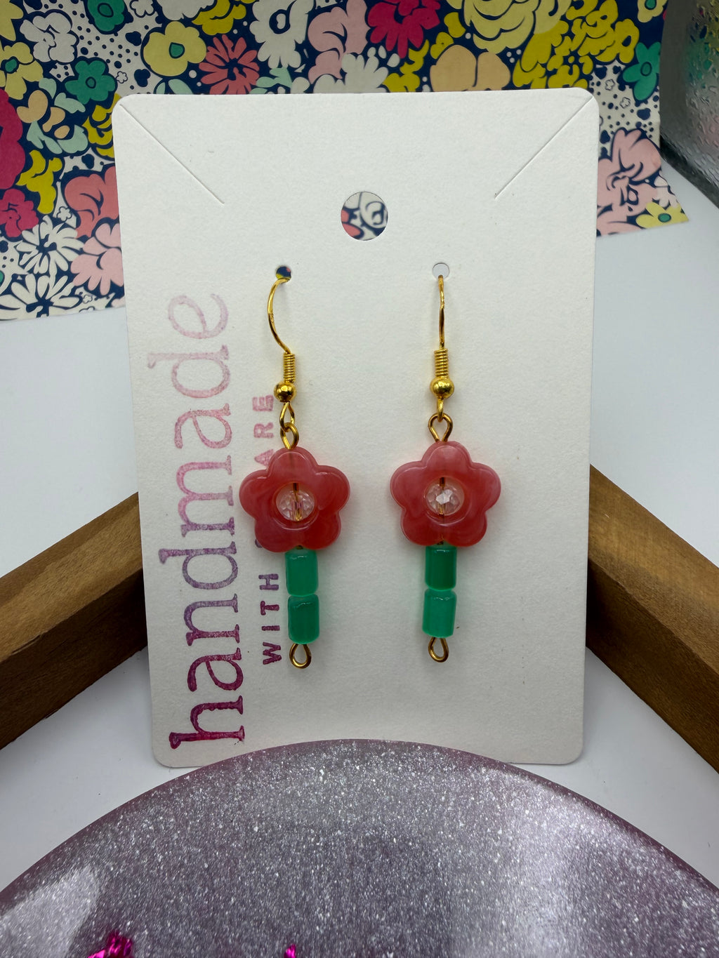 Pink Beaded Flower Earrings