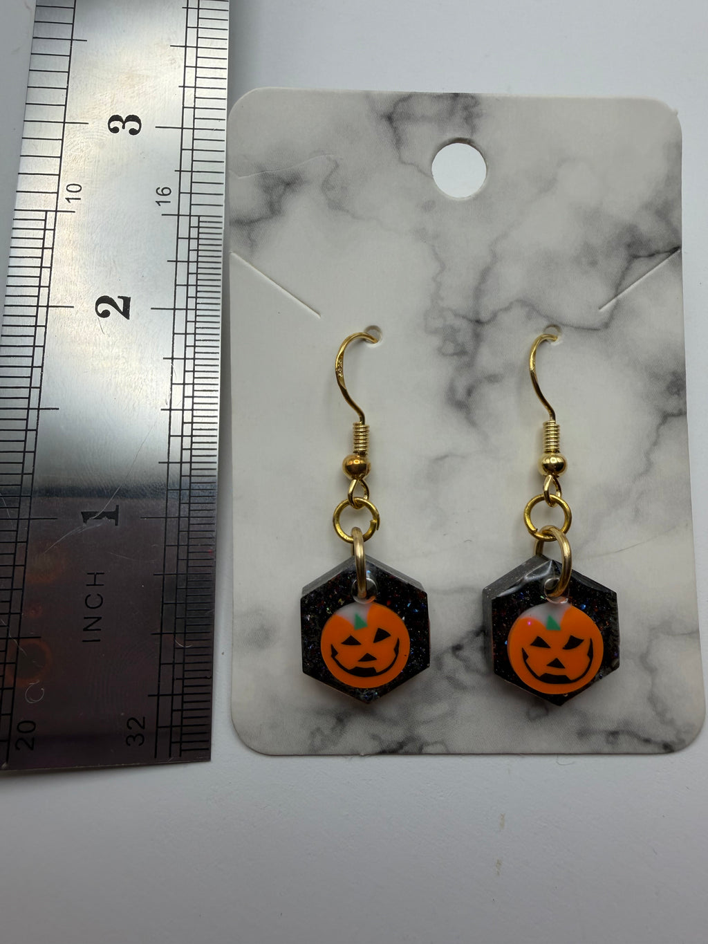 Small Hexagon Smiling Jack-O-Lantern Earrings