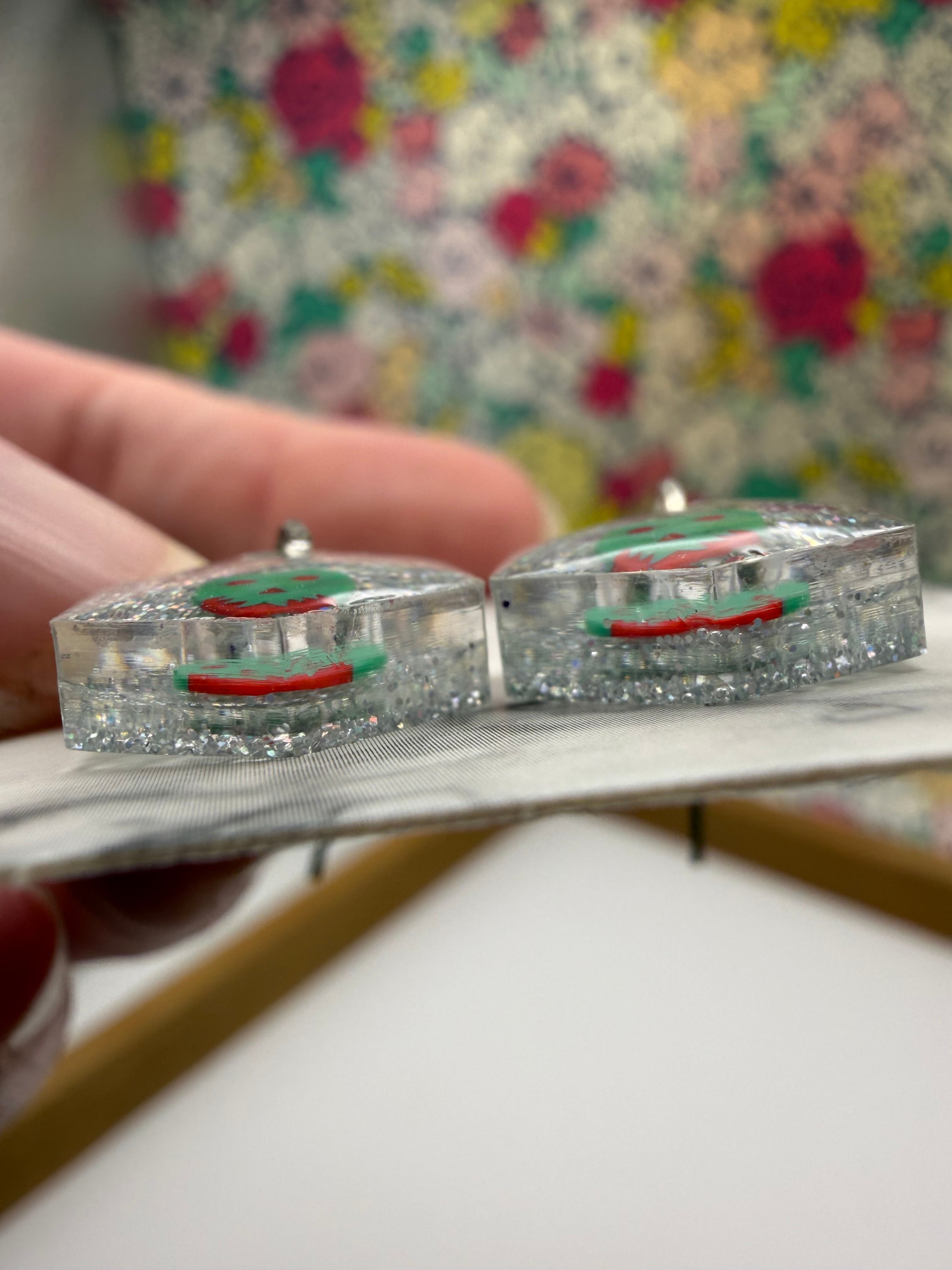 The Tiniest Poison Apple! Silver Glitter Hexagon Earrings