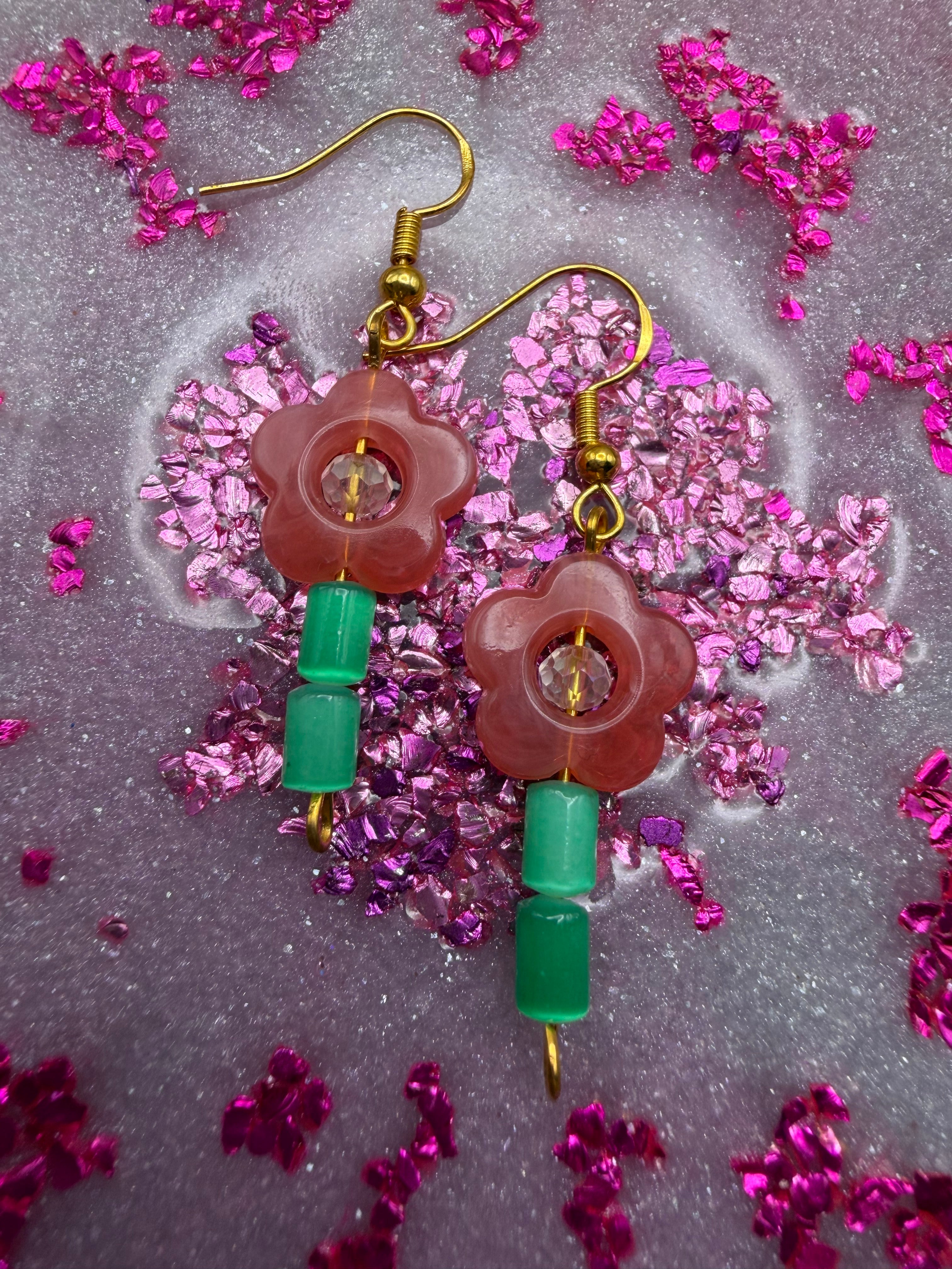 Pink Beaded Flower Earrings