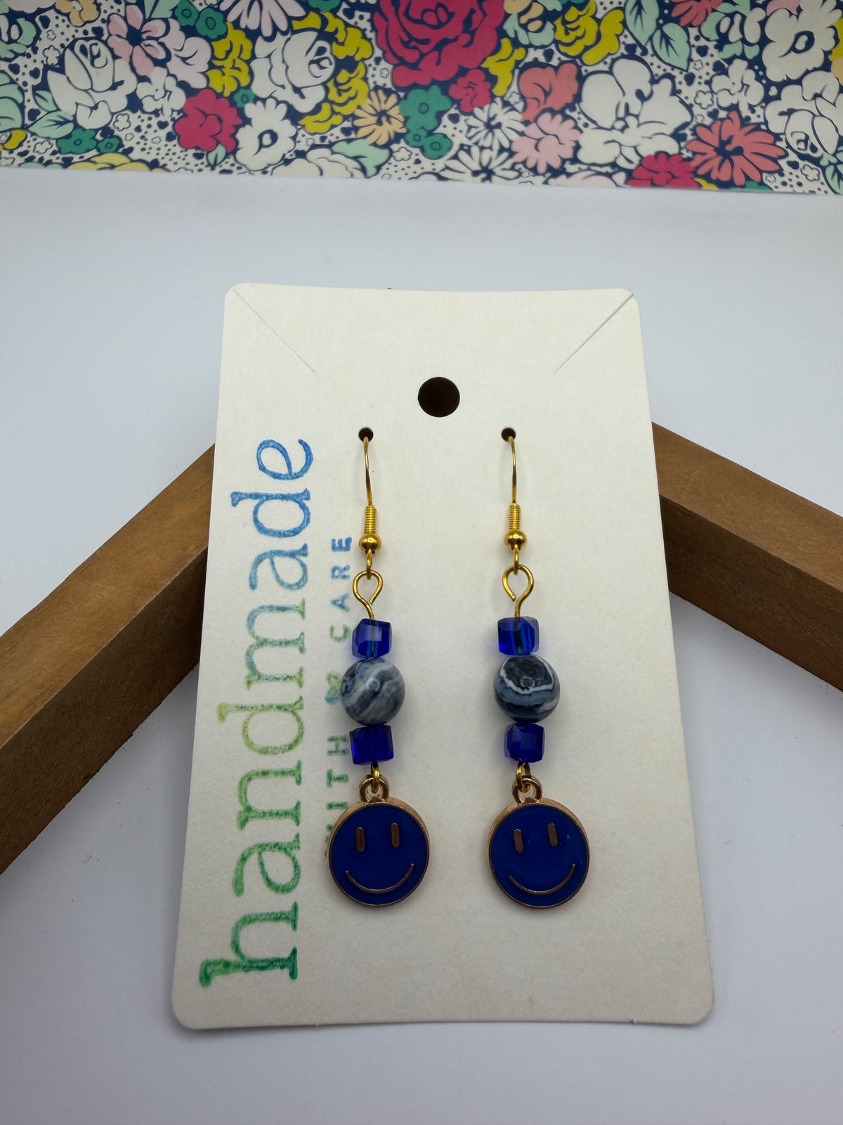 Blue Smiley Beaded Earrings