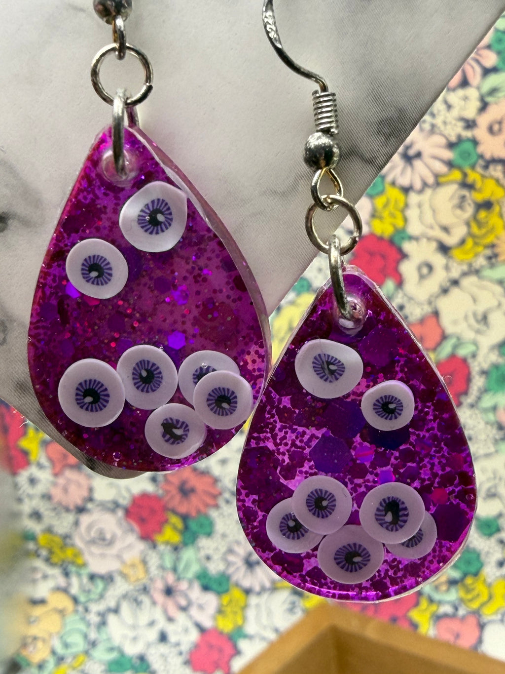 Purple Floating Eyeball Teardrop Earrings