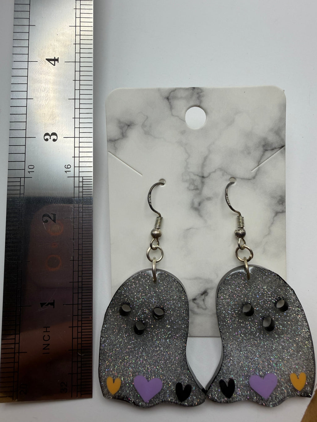 Silver Glitter Ghosts with Black Trim and Heart Charm Earrings