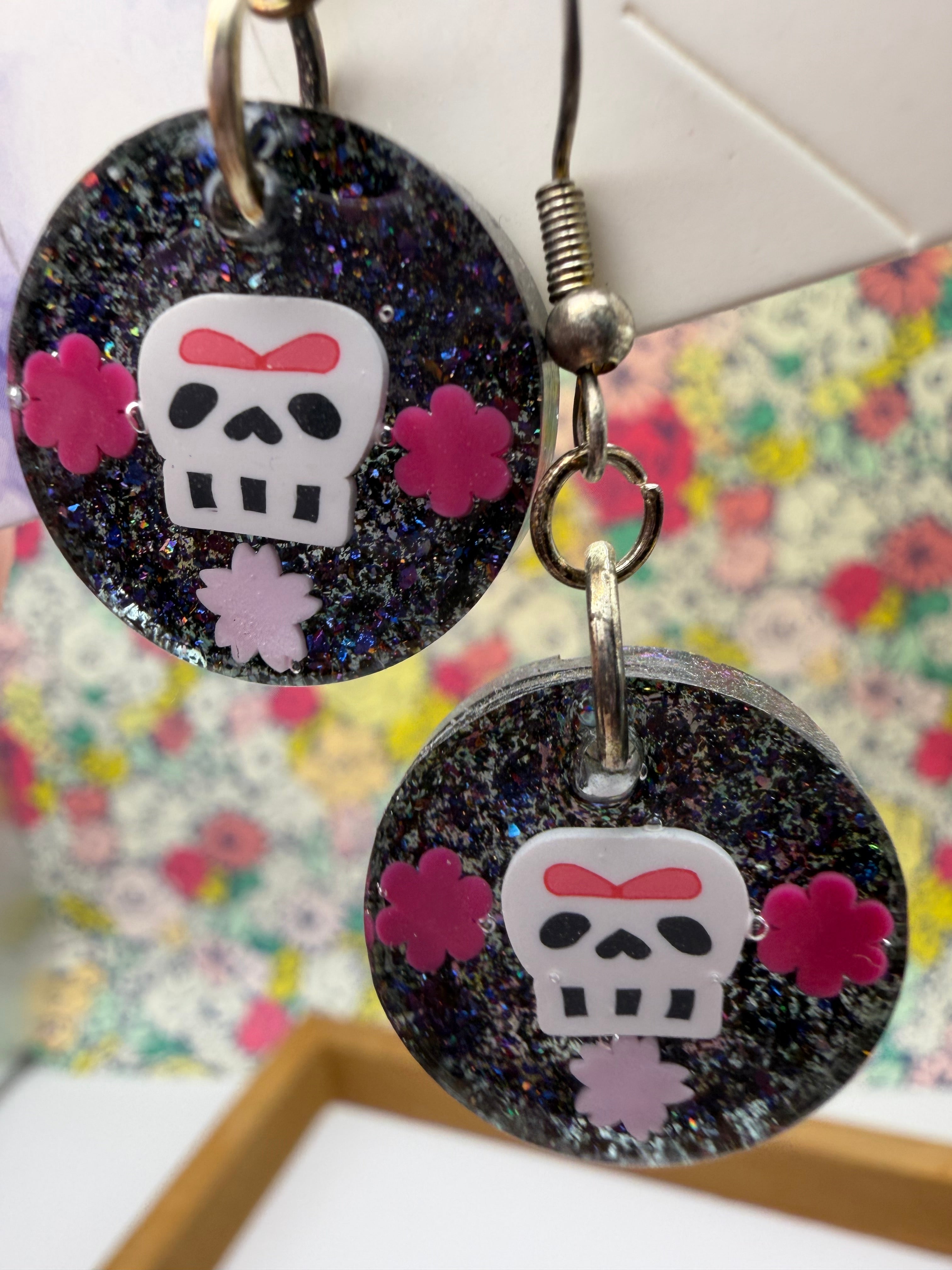 Floral Pink Skelton Round Earrings