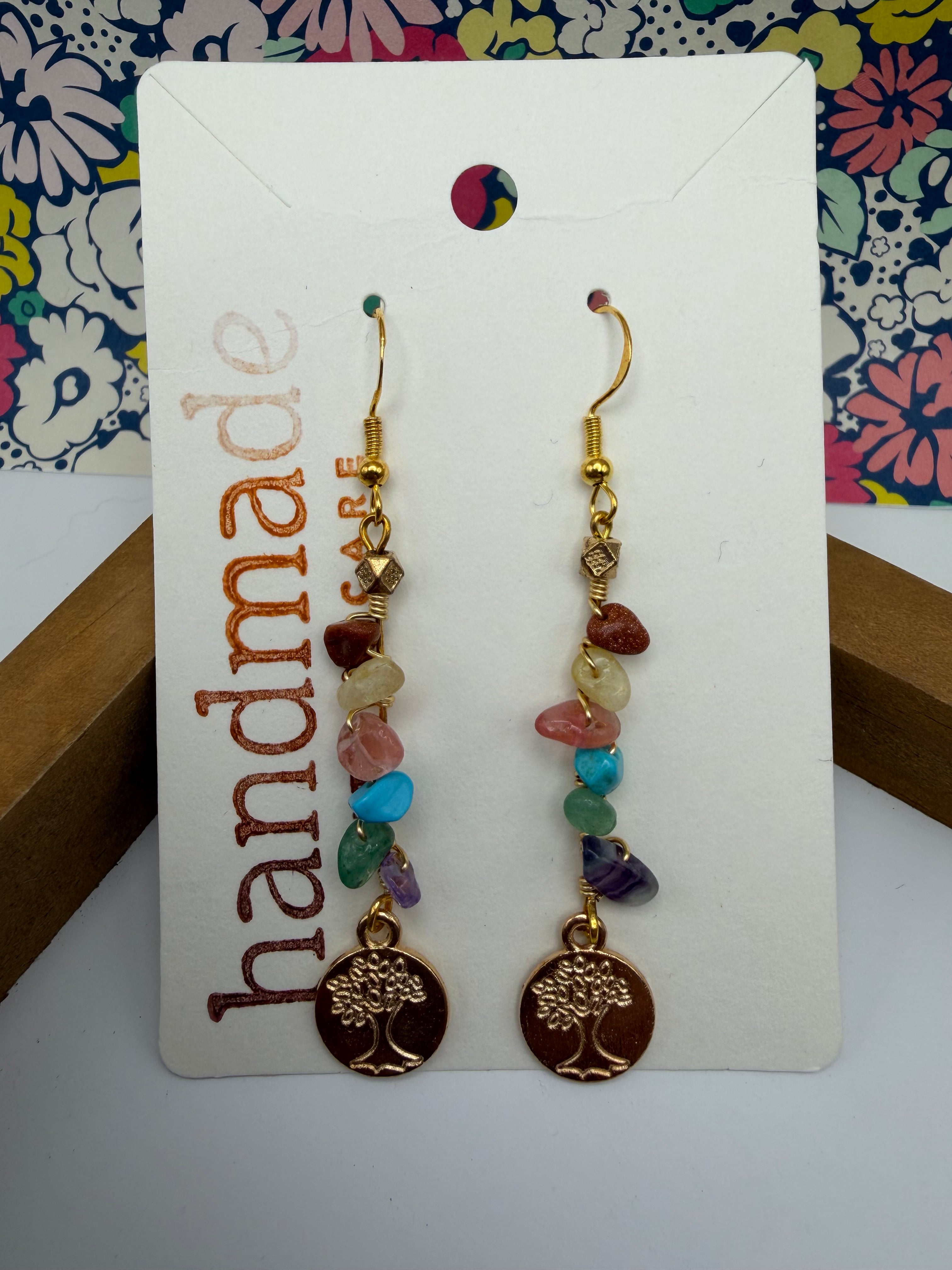 Colorful Rock Beaded Wire Earrings with Gold Tree Dangle