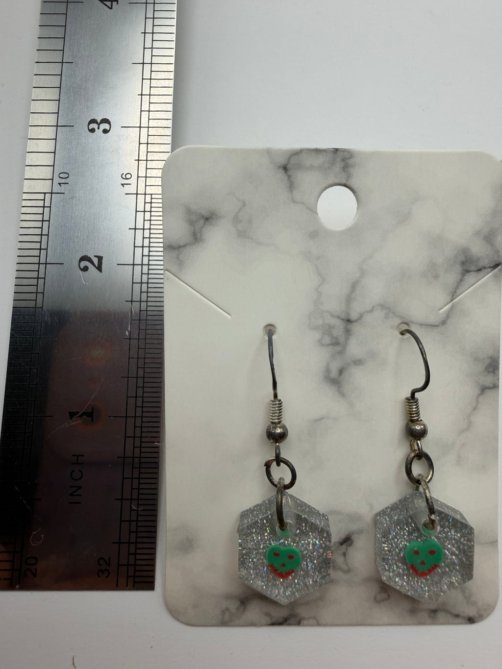 The Tiniest Poison Apple! Silver Glitter Hexagon Earrings