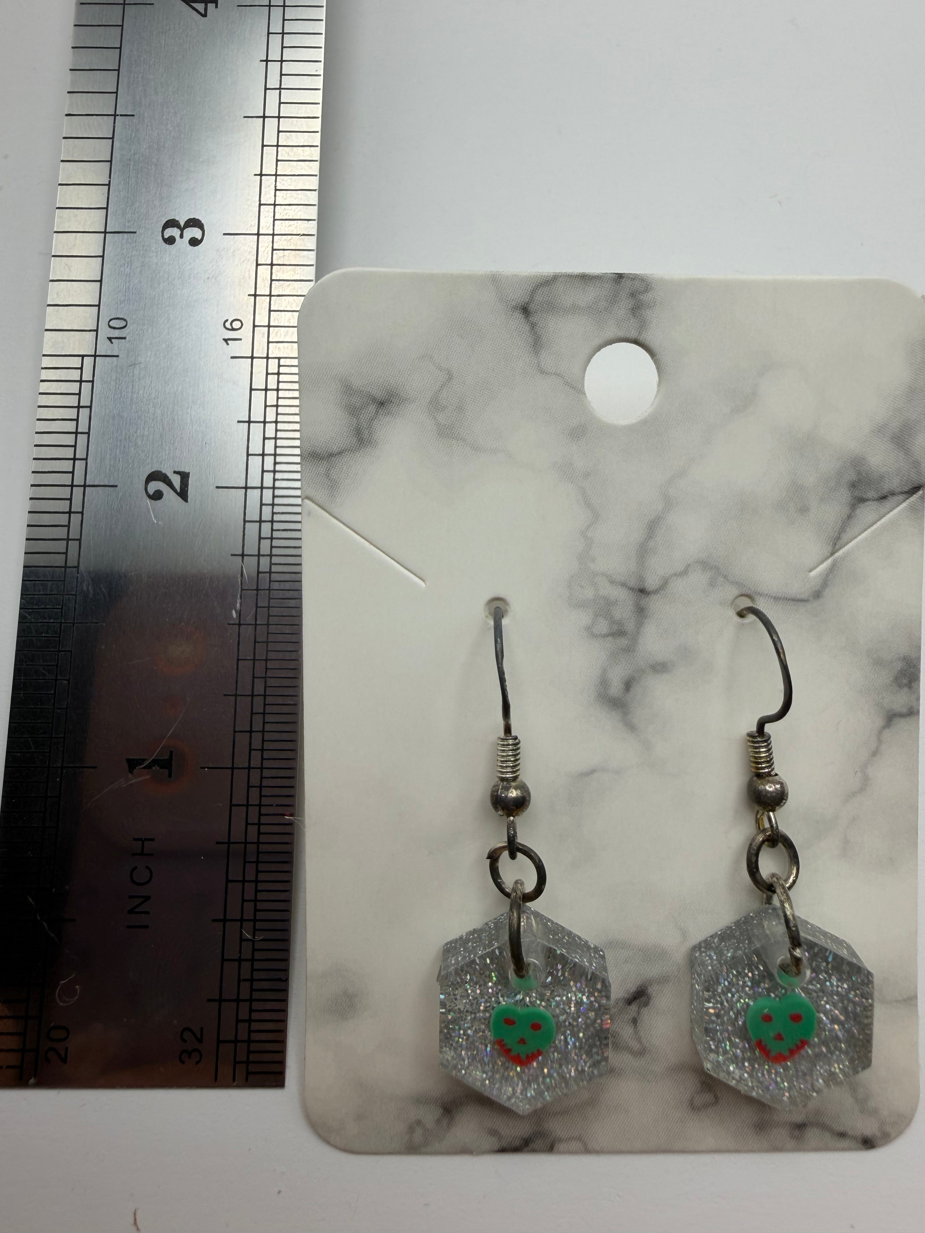 The Tiniest Poison Apple! Silver Glitter Hexagon Earrings