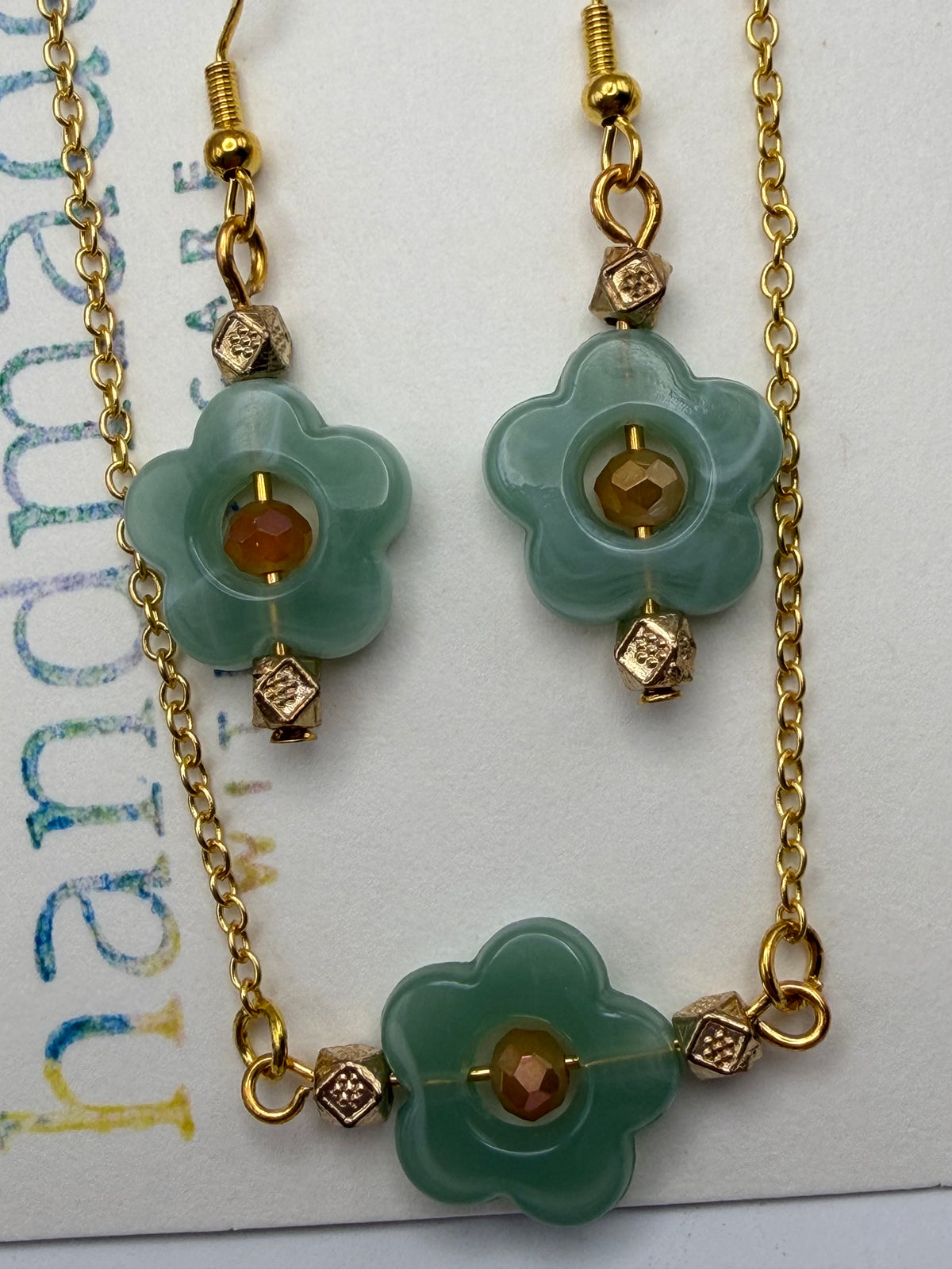 Green and Gold Flower Necklace and Earring Set