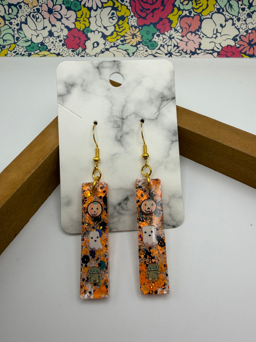 Orange and Black Rectangular Halloween Charm Earrings