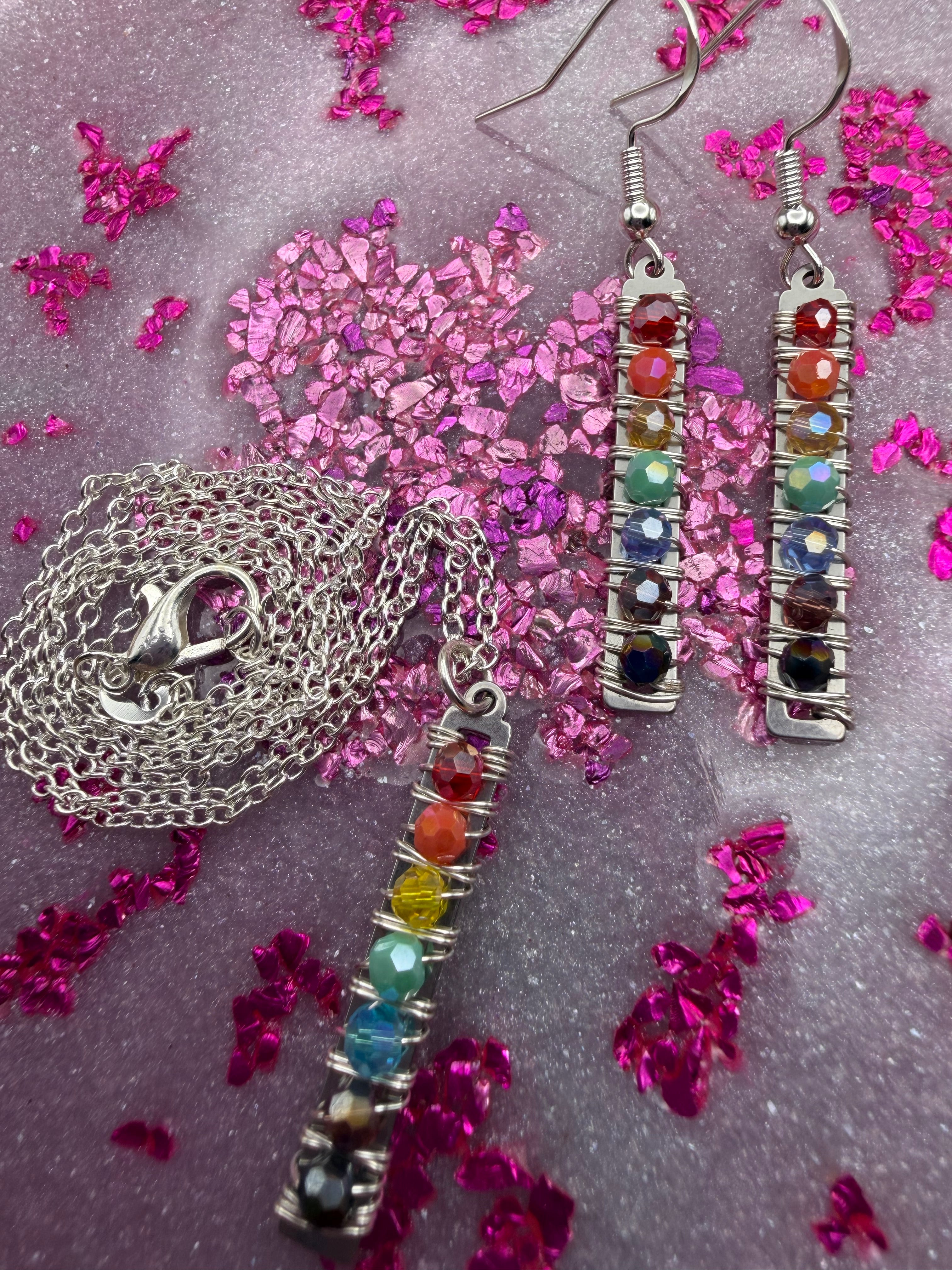 Multicolor Bead Wire Wrapped Necklace and Earring Set
