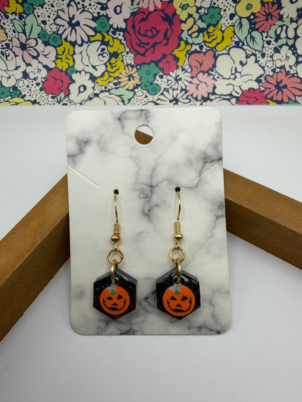 Small Hexagon Smiling Jack-O-Lantern Earrings