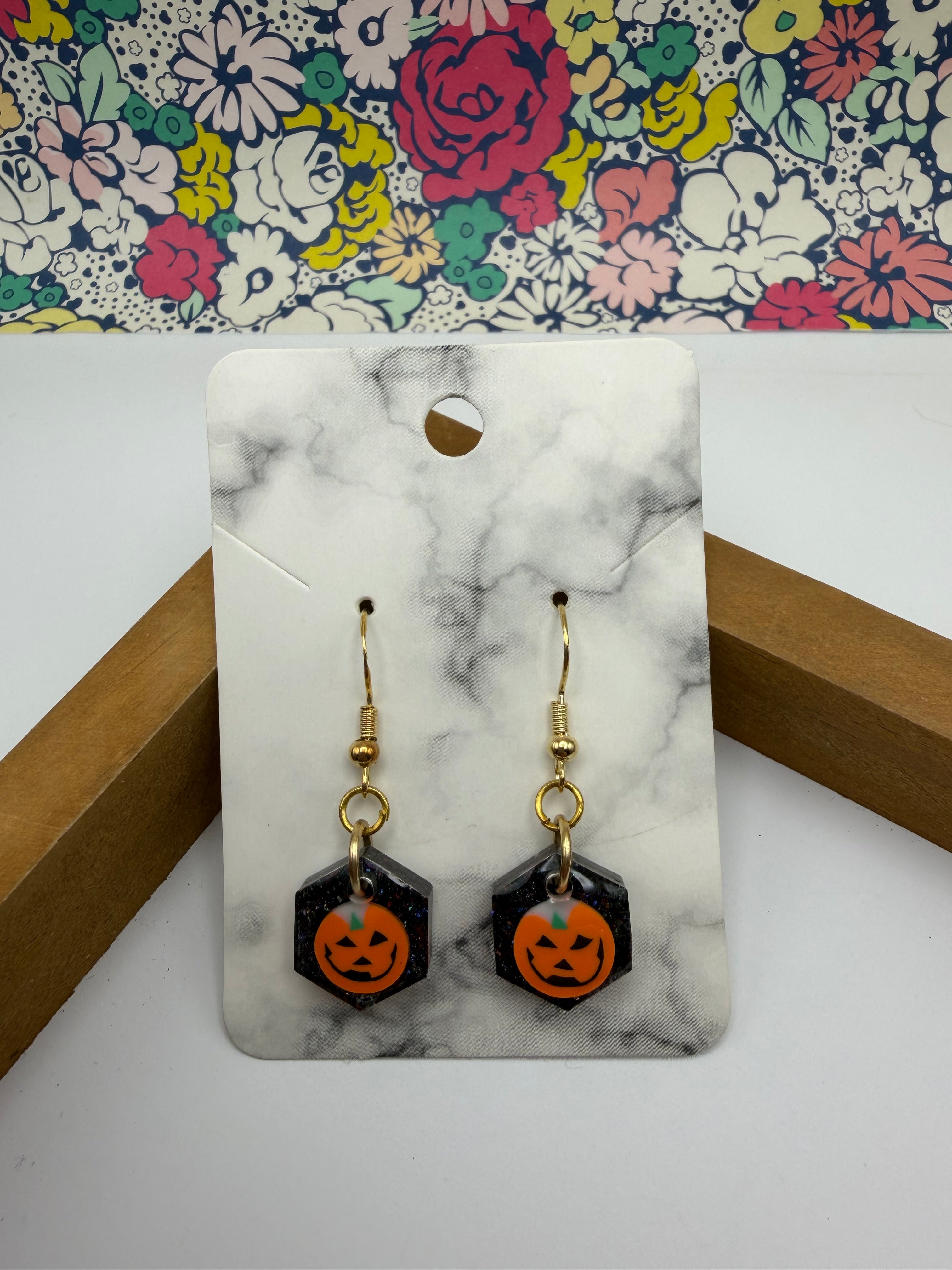 Small Hexagon Smiling Jack-O-Lantern Earrings