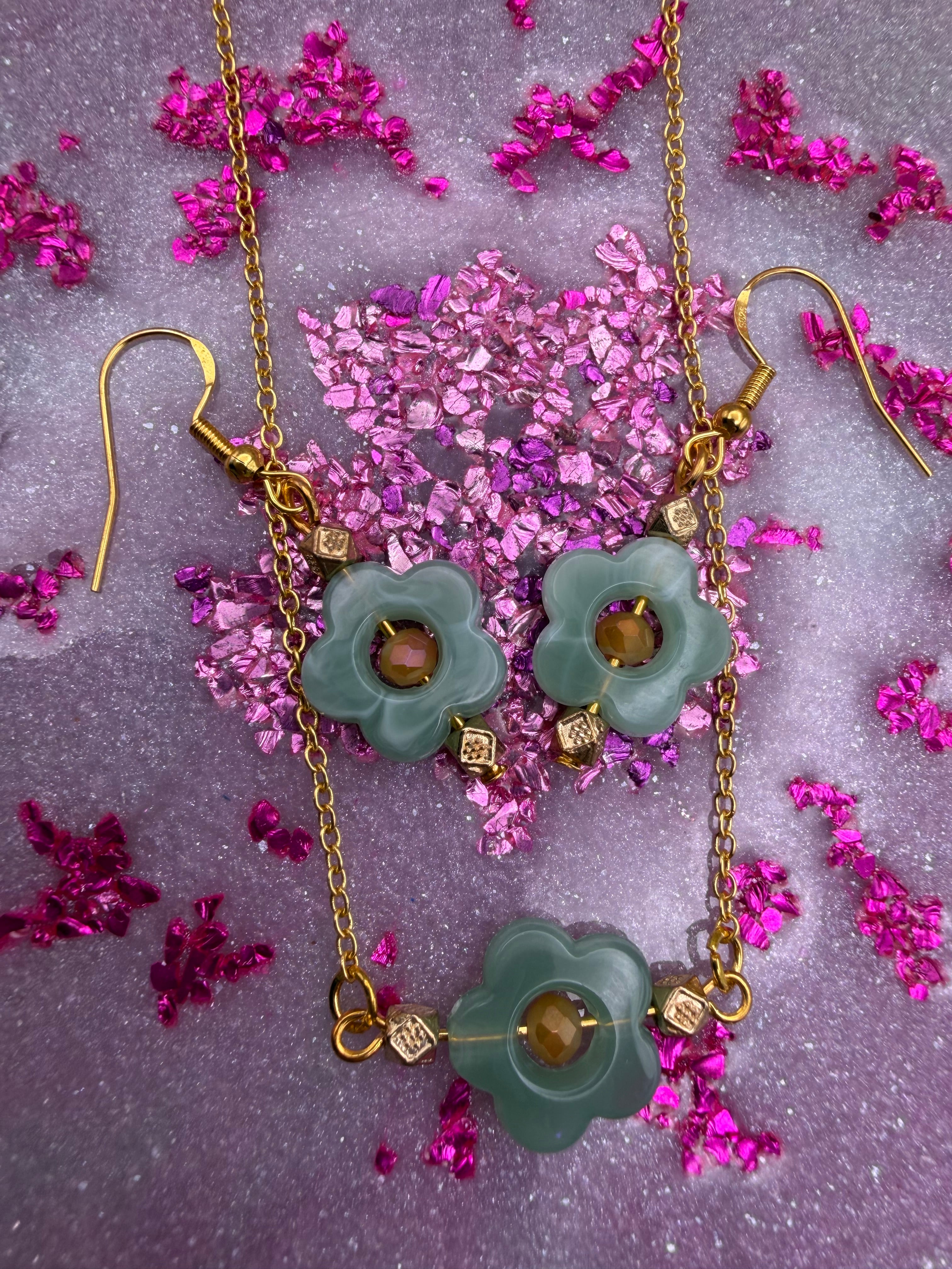 Green and Gold Flower Necklace and Earring Set