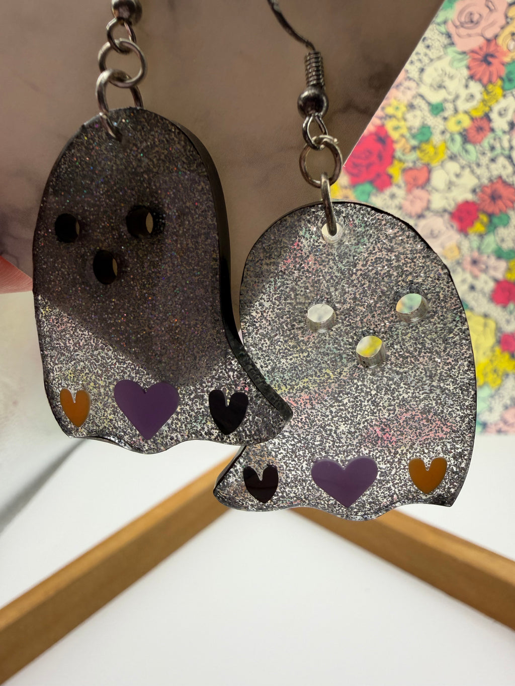 Silver Glitter Ghosts with Black Trim and Heart Charm Earrings