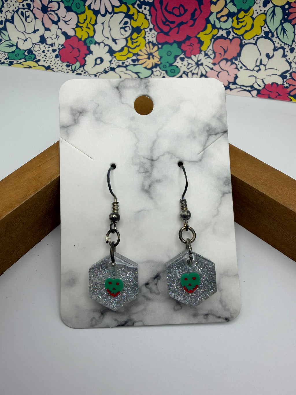 The Tiniest Poison Apple! Silver Glitter Hexagon Earrings