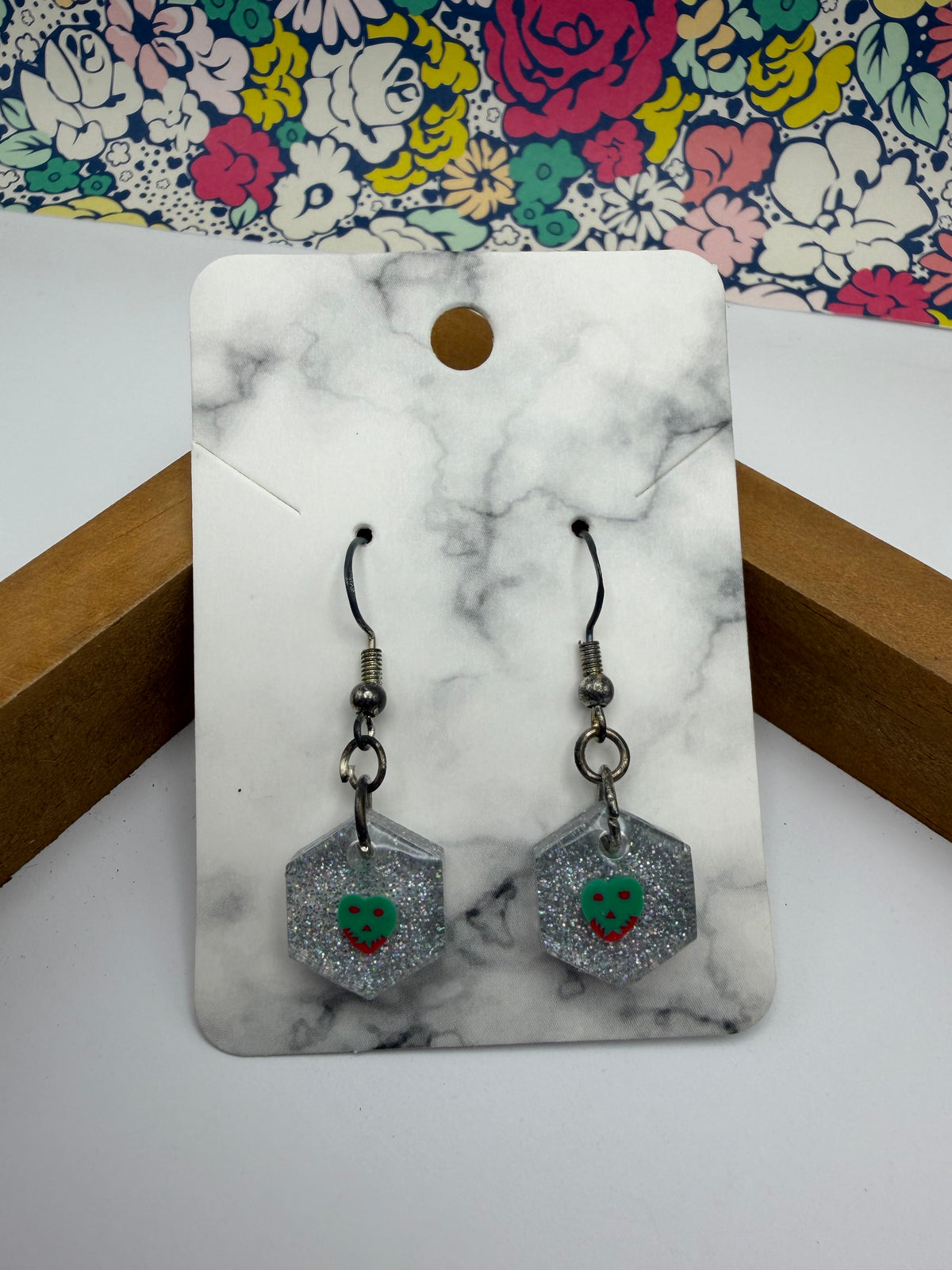 The Tiniest Poison Apple! Silver Glitter Hexagon Earrings