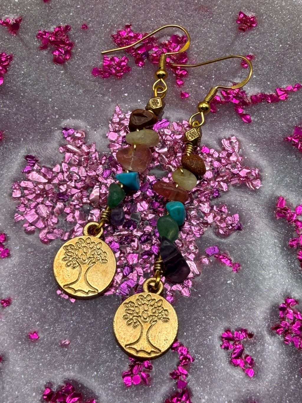 Colorful Rock Beaded Wire Earrings with Gold Tree Dangle
