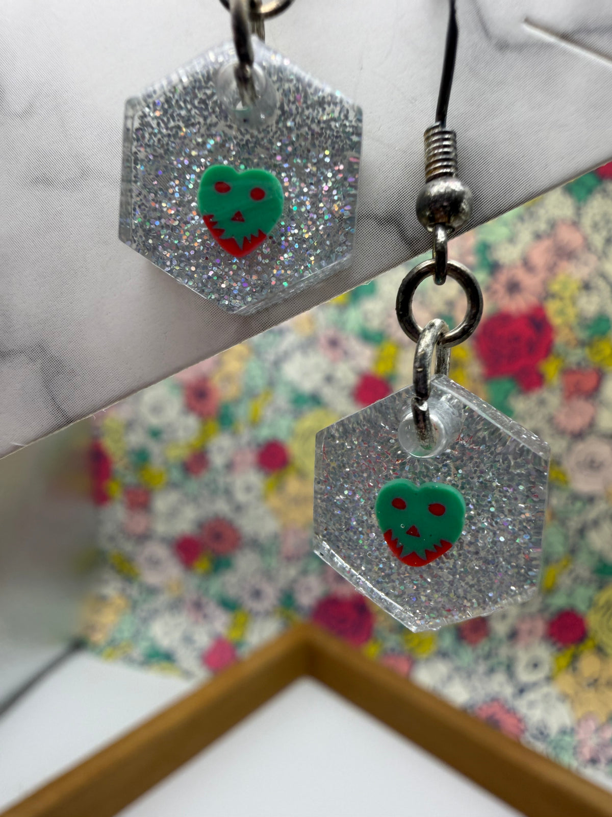 The Tiniest Poison Apple! Silver Glitter Hexagon Earrings