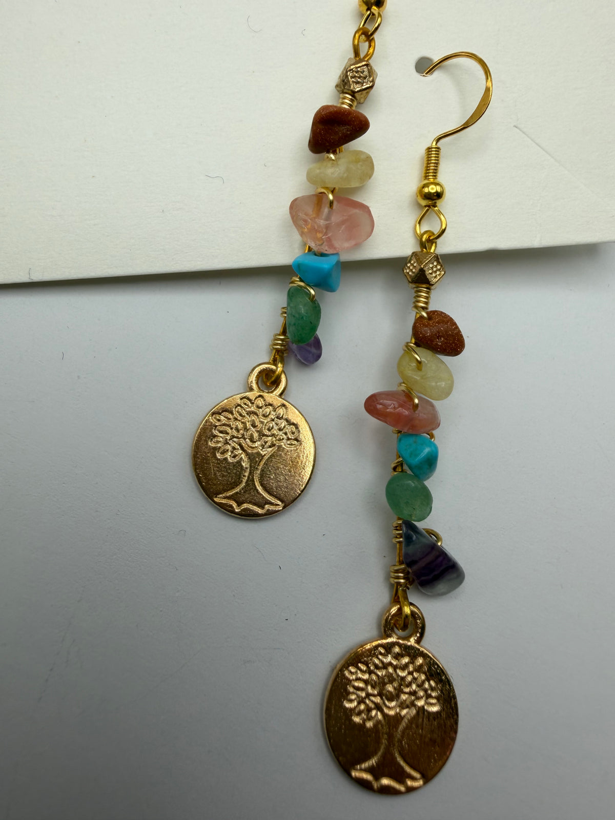 Colorful Rock Beaded Wire Earrings with Gold Tree Dangle