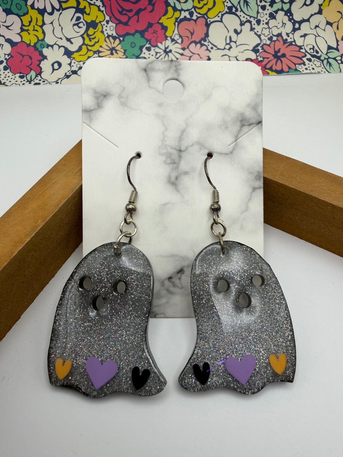 Silver Glitter Ghosts with Black Trim and Heart Charm Earrings