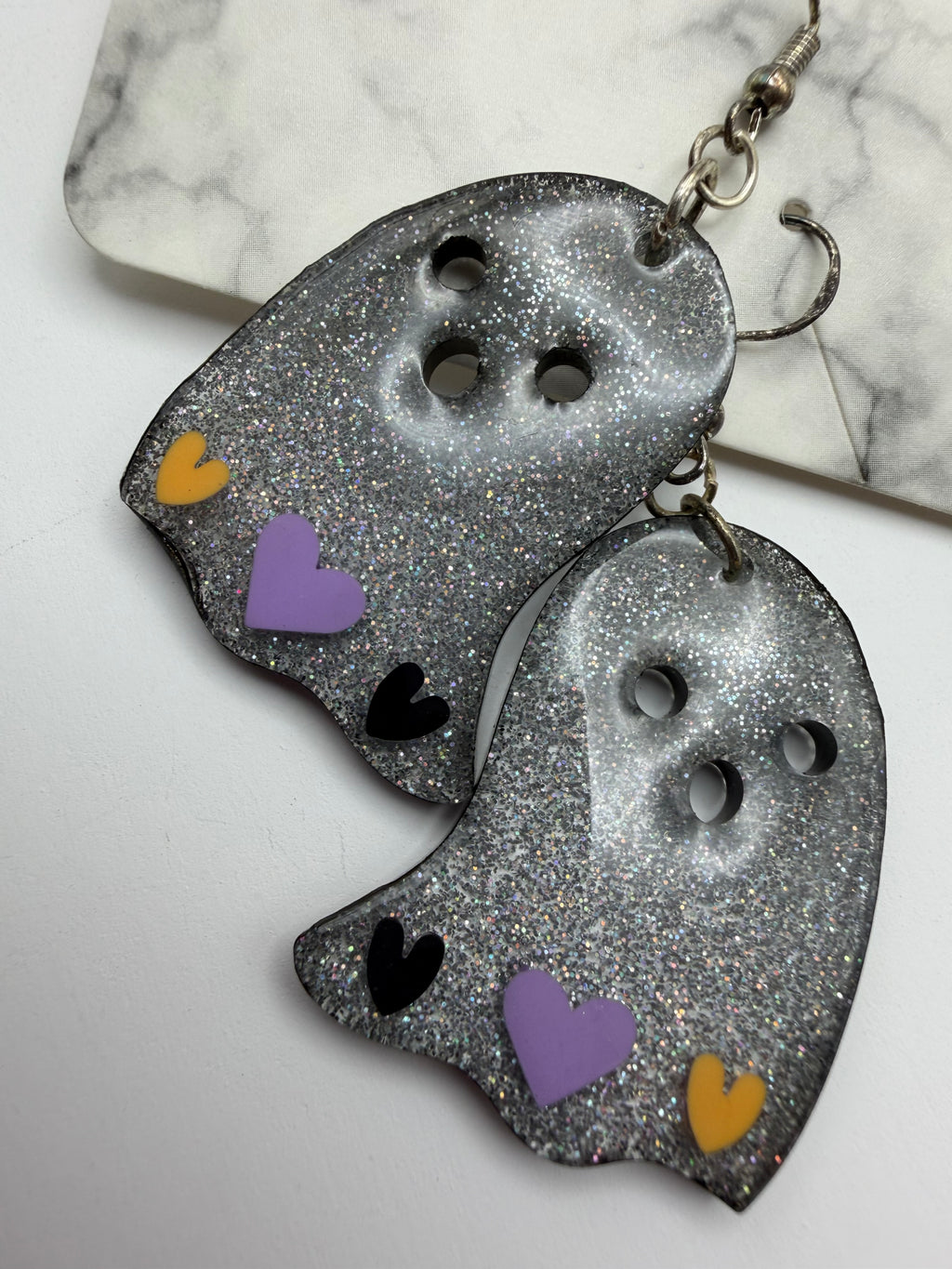 Silver Glitter Ghosts with Black Trim and Heart Charm Earrings