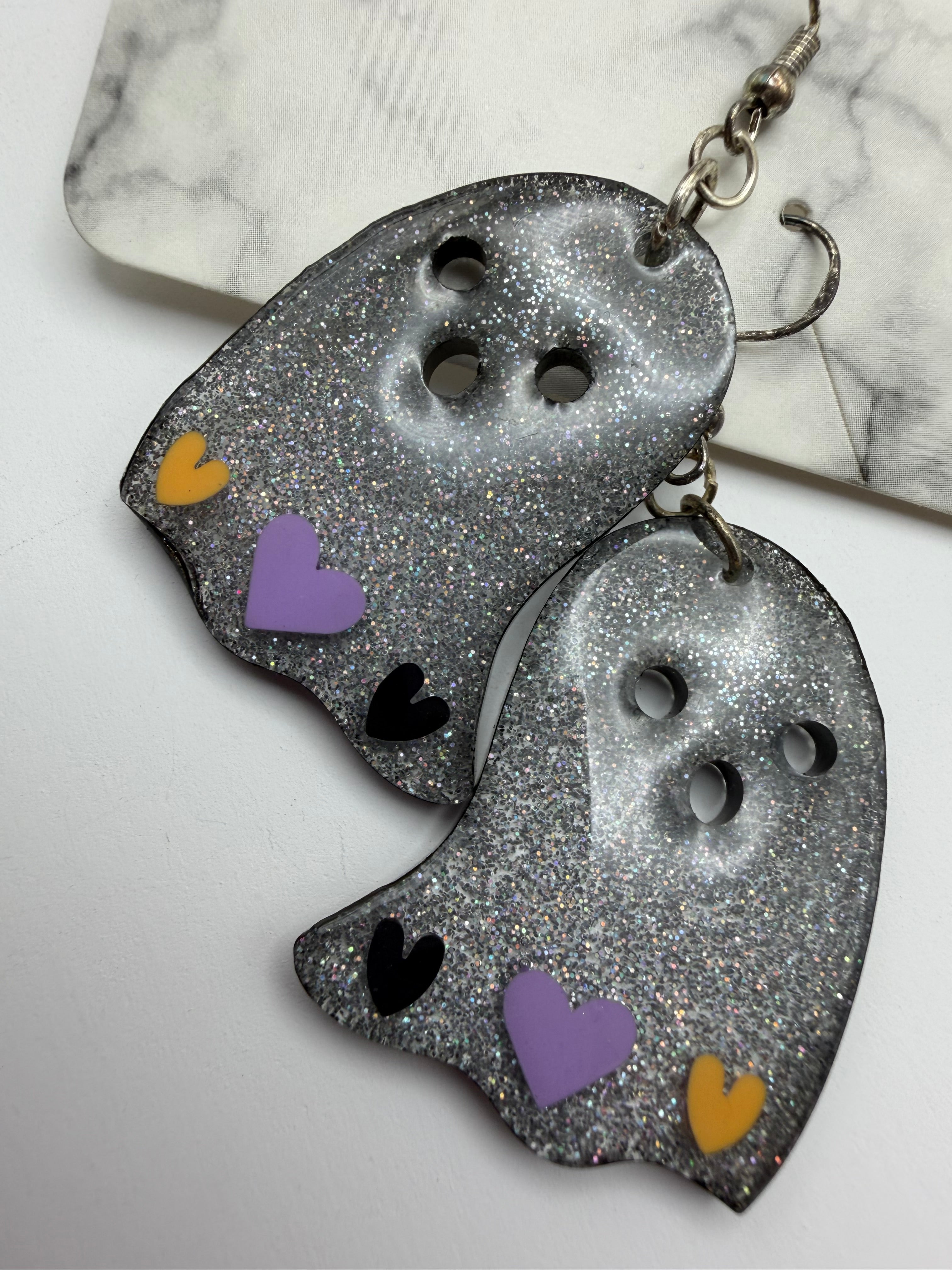 Silver Glitter Ghosts with Black Trim and Heart Charm Earrings