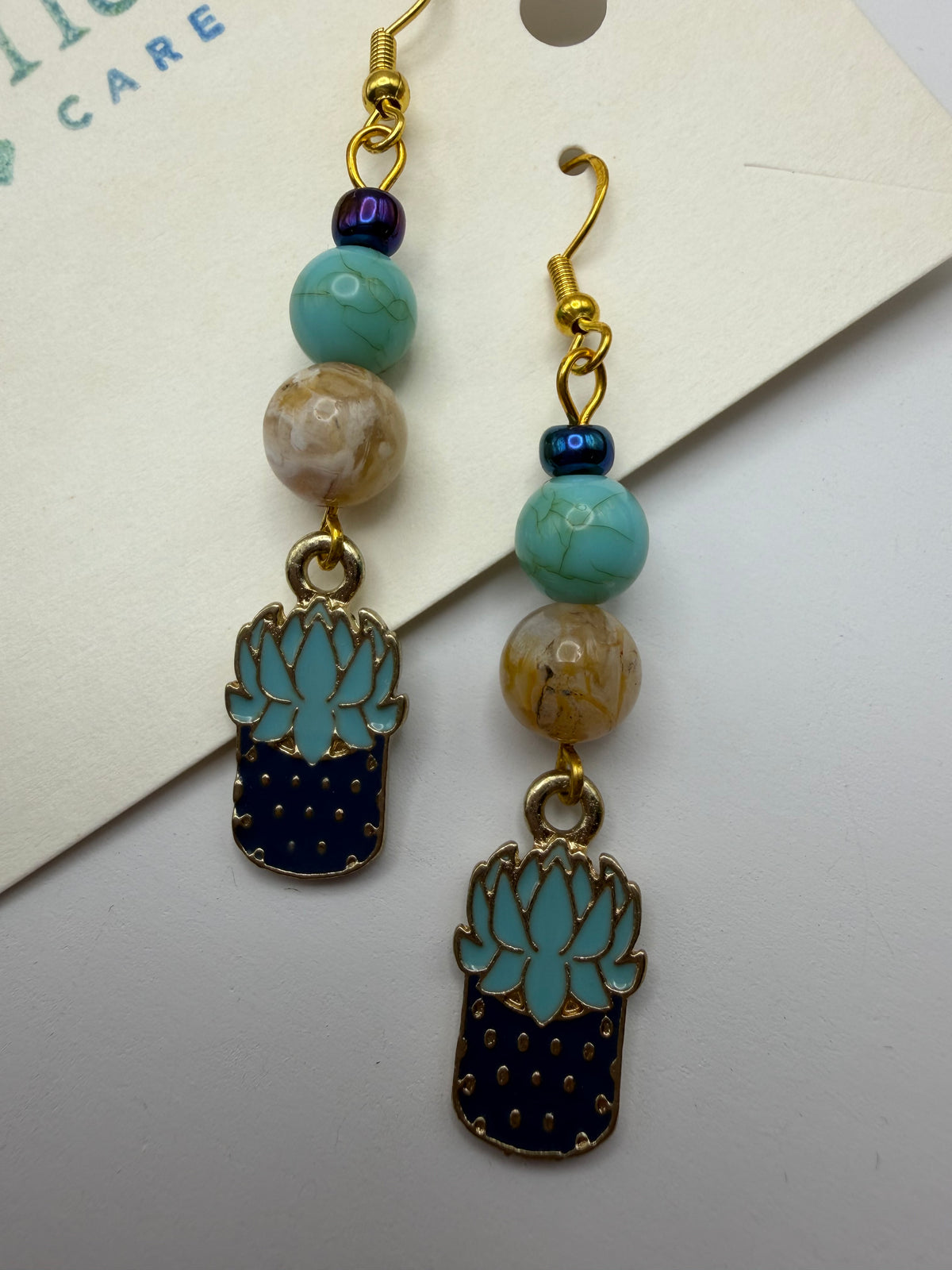 Blue Tone Succulent Plant Beaded Earrings