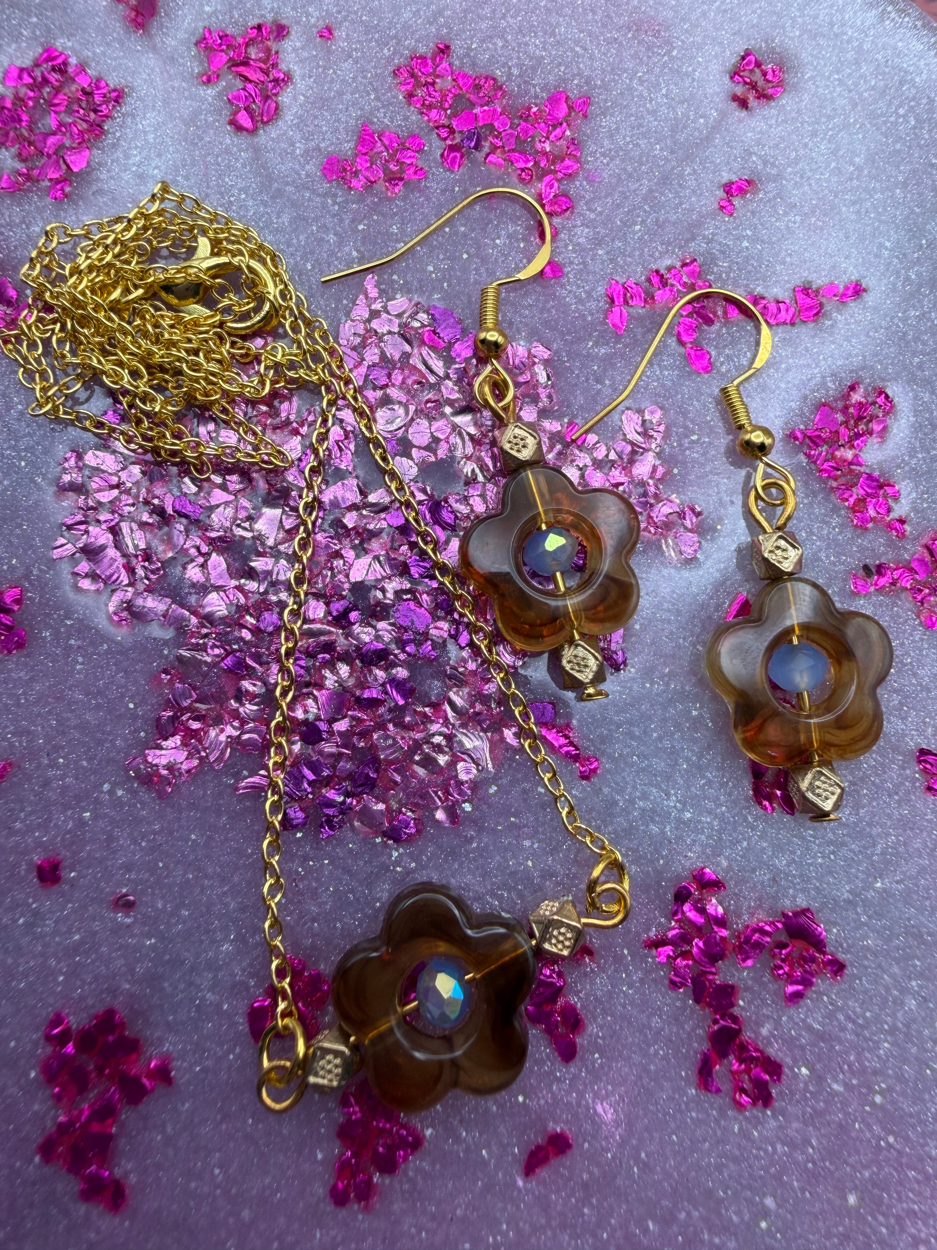 Brown and Blue Flower Beaded Necklace and Earring Set