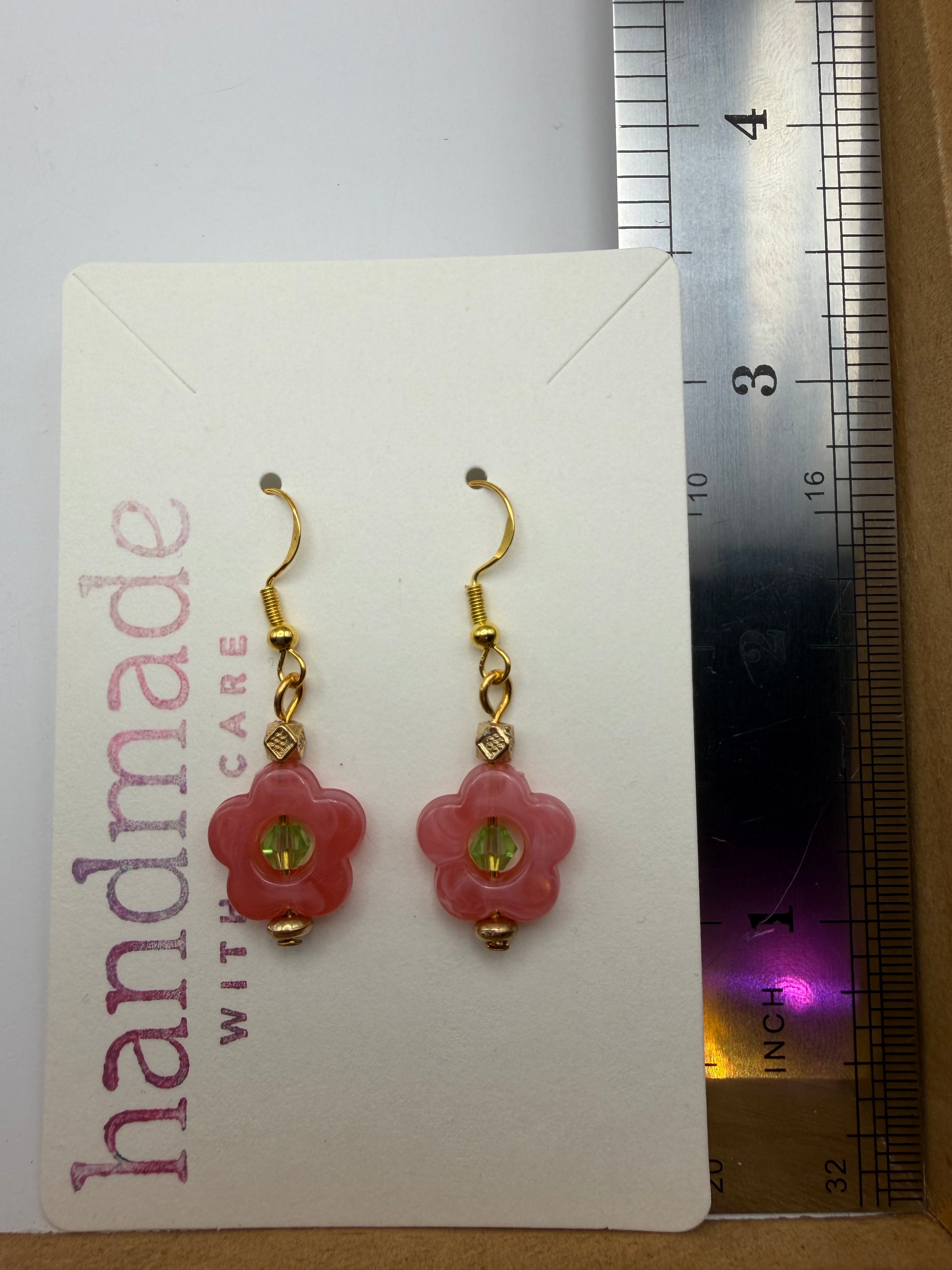 Pink and Green Flower Earrings