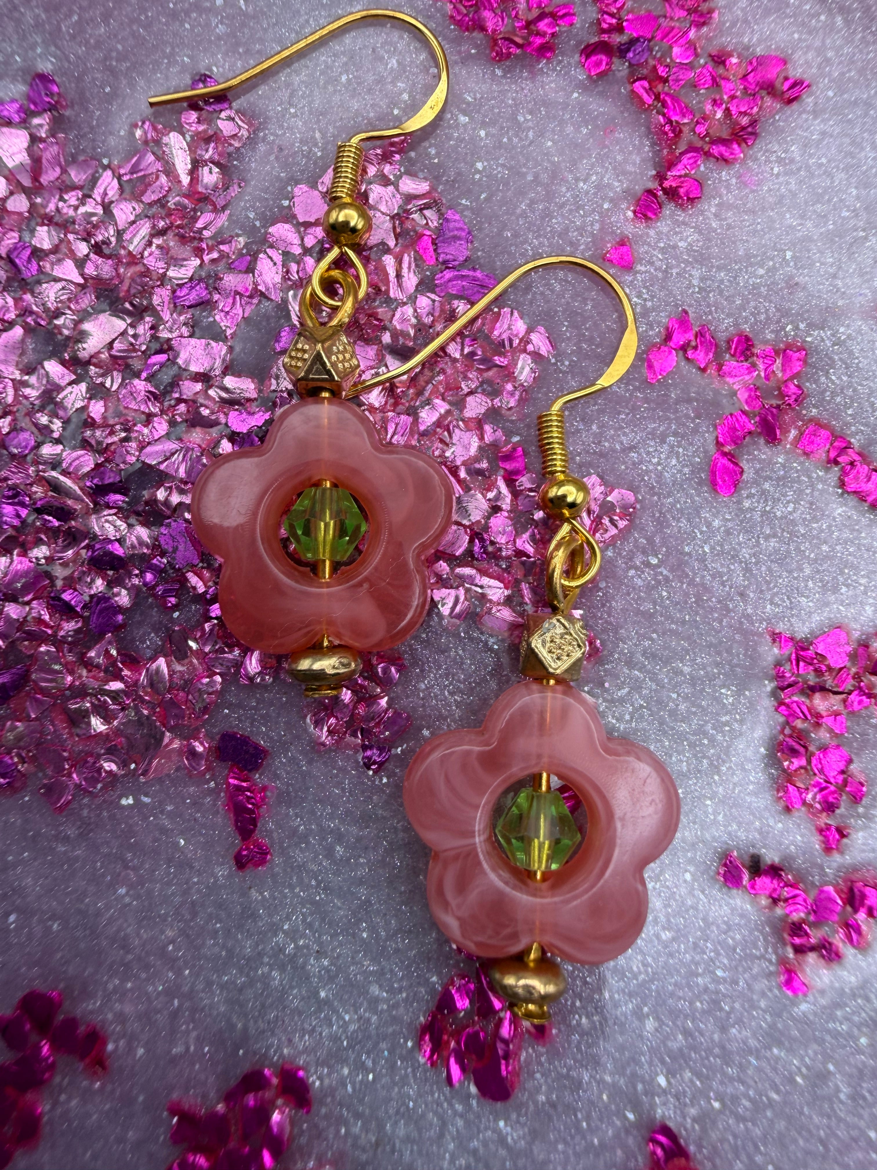 Pink and Green Flower Earrings