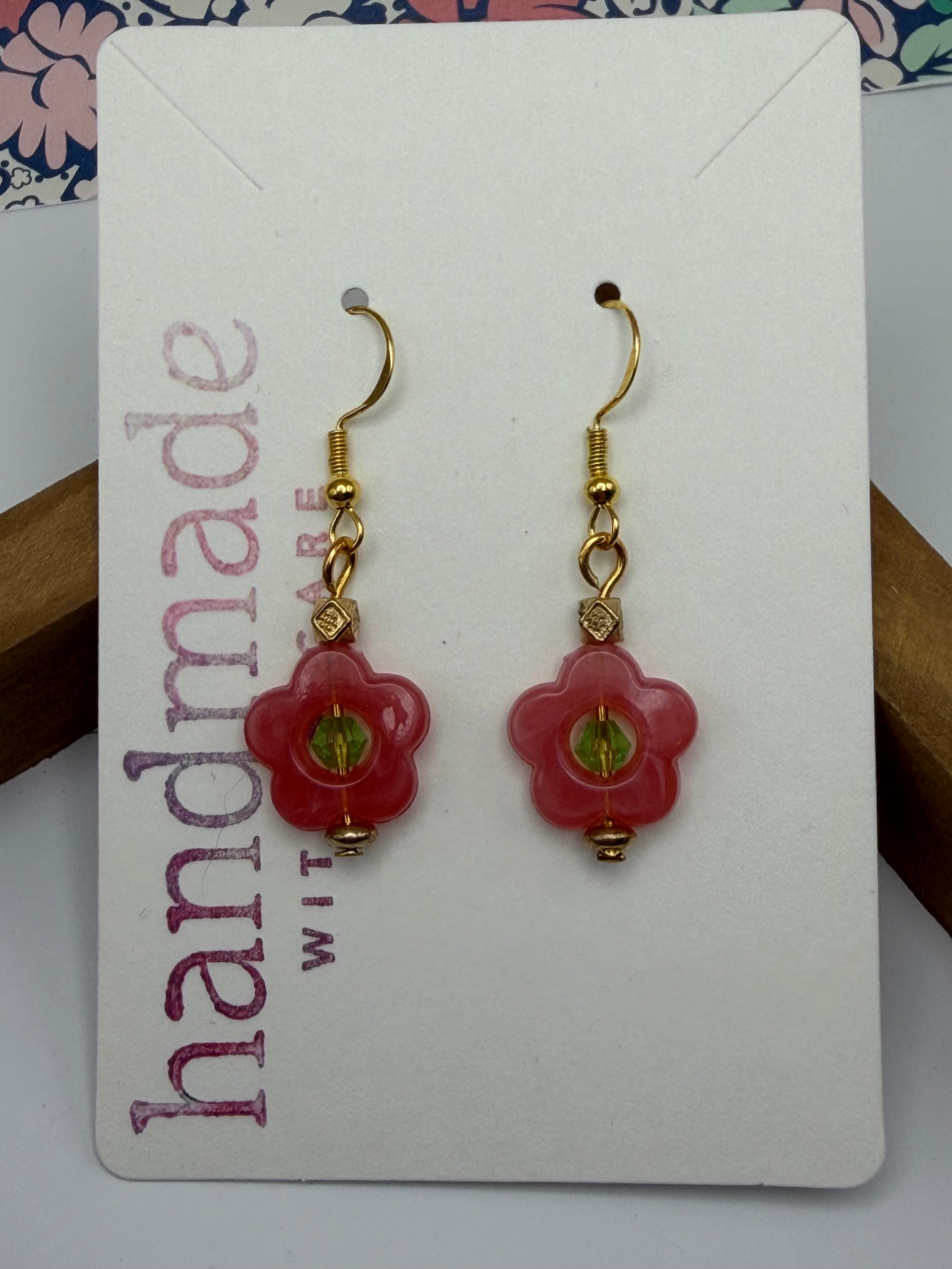 Pink and Green Flower Earrings