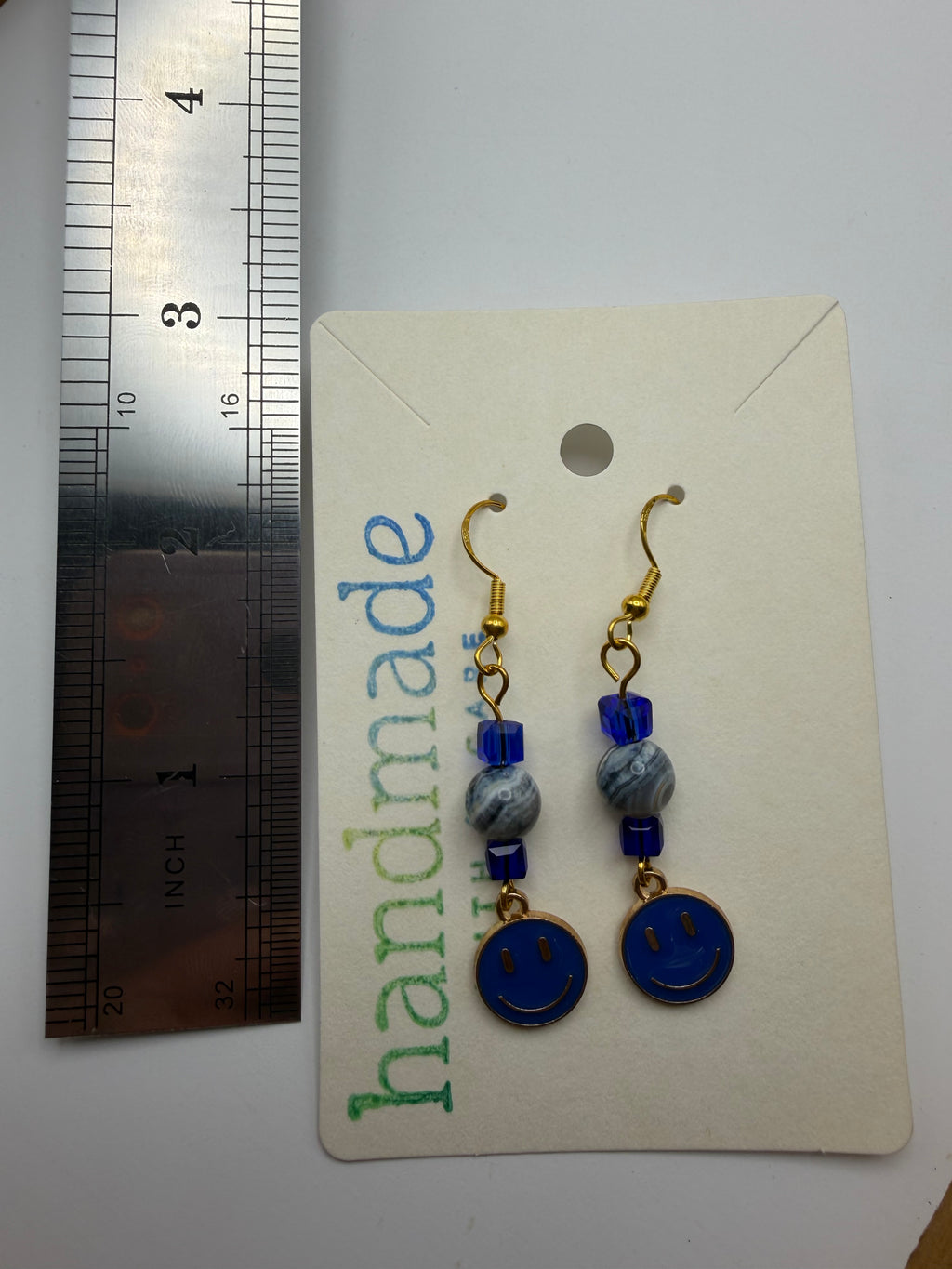 Blue Smiley Beaded Earrings
