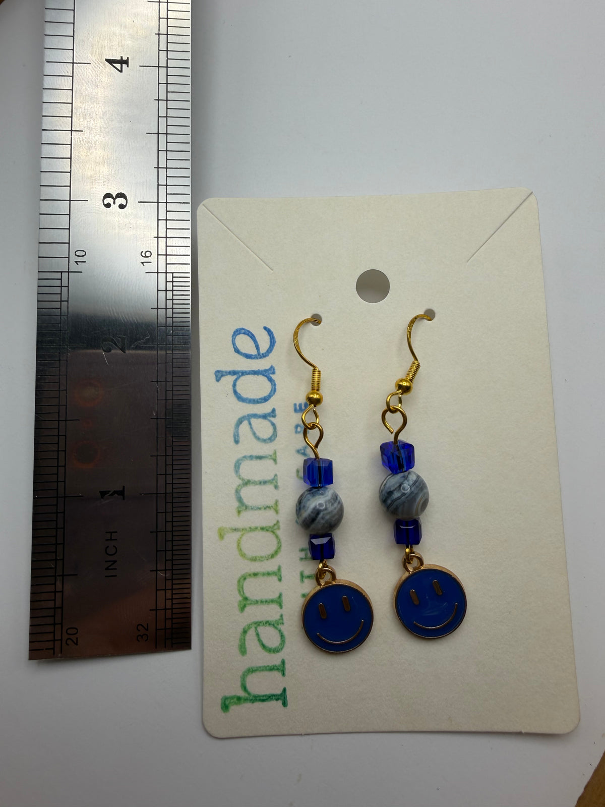Blue Smiley Beaded Earrings