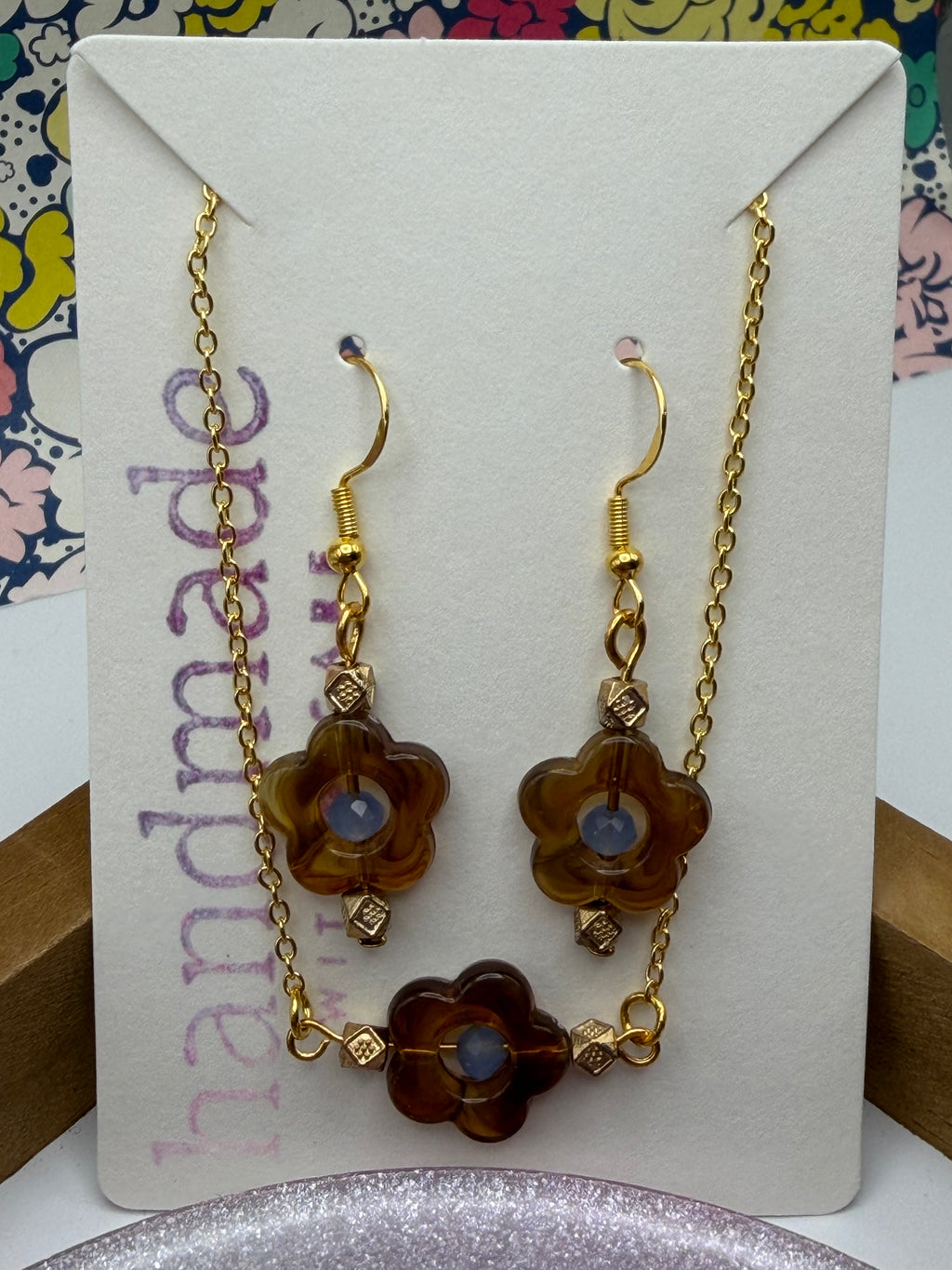 Brown and Blue Flower Beaded Necklace and Earring Set