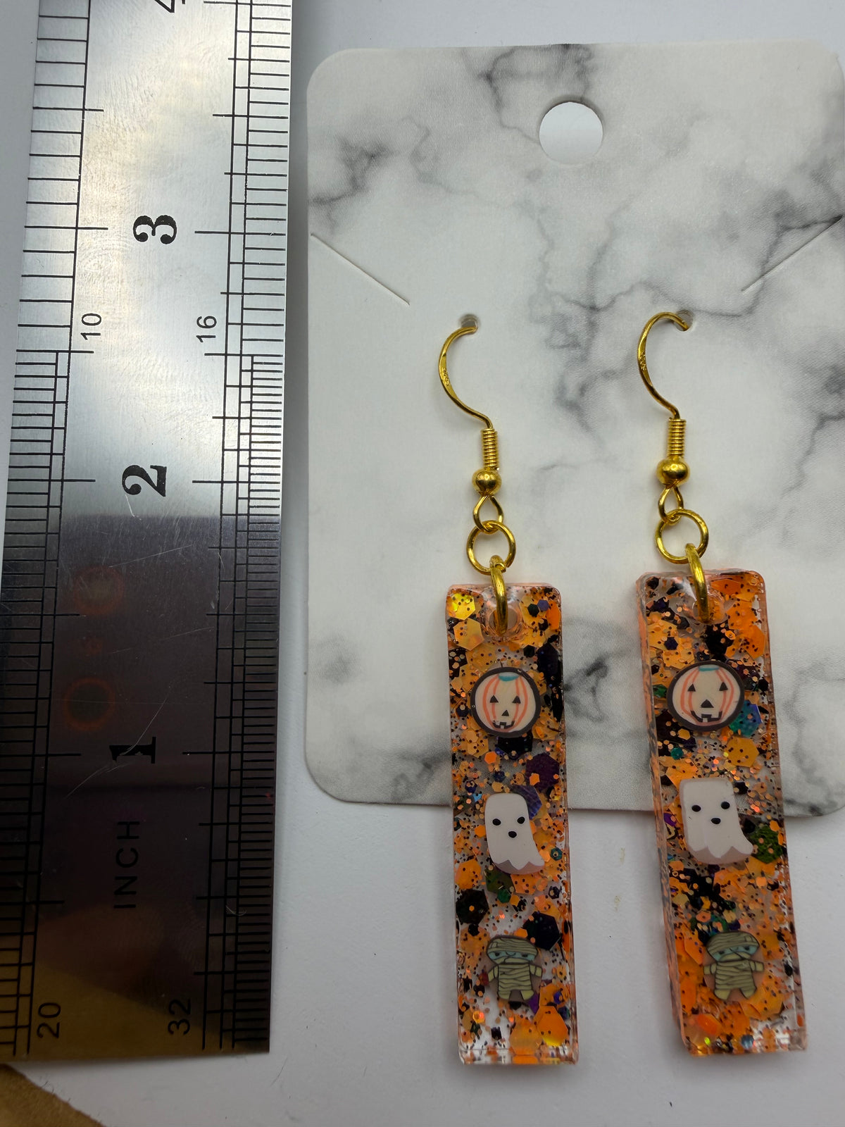 Orange and Black Rectangular Halloween Charm Earrings