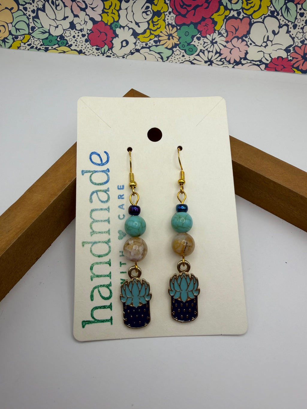 Blue Tone Succulent Plant Beaded Earrings