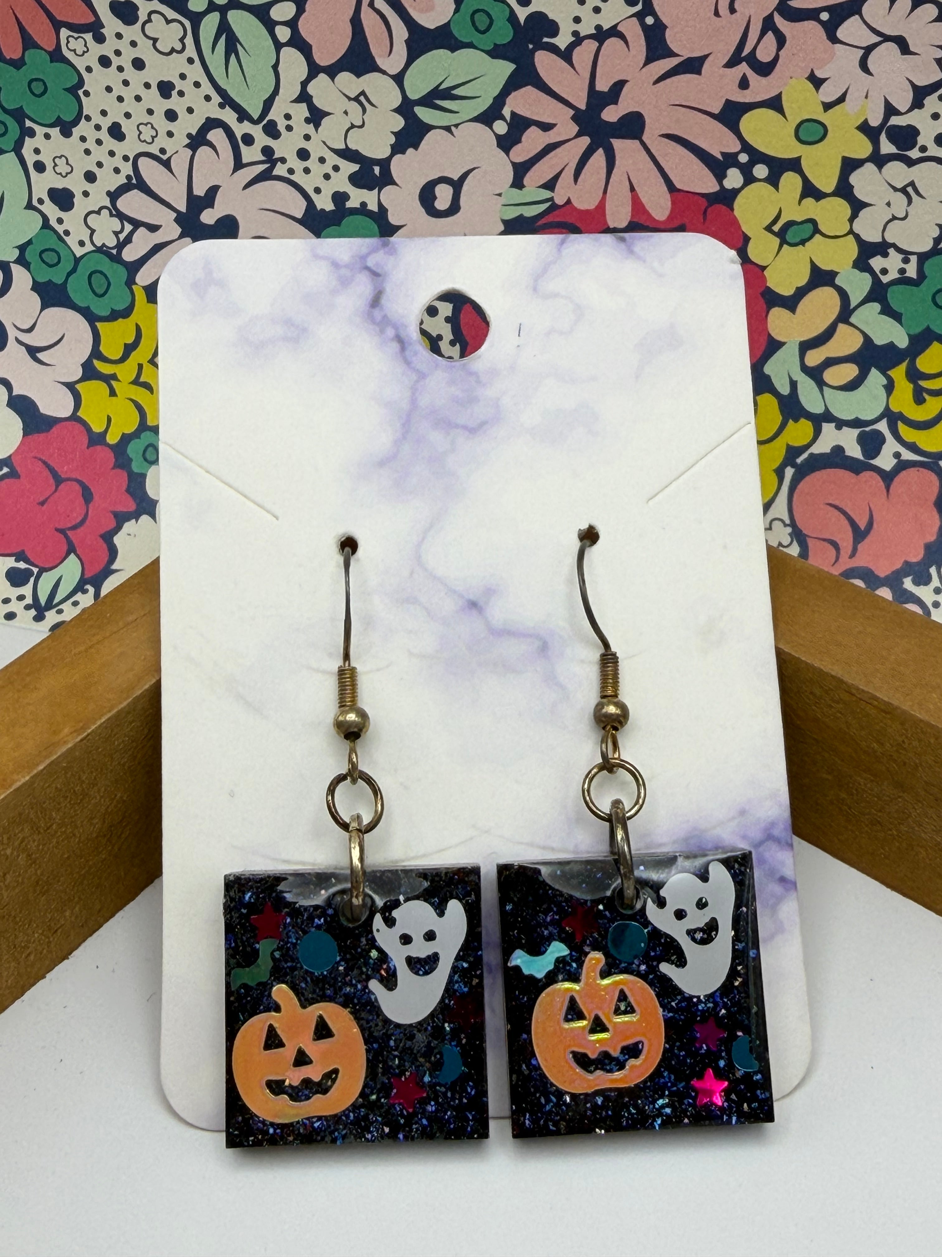 Ghost and Pumpkin Square Halloween Earrings