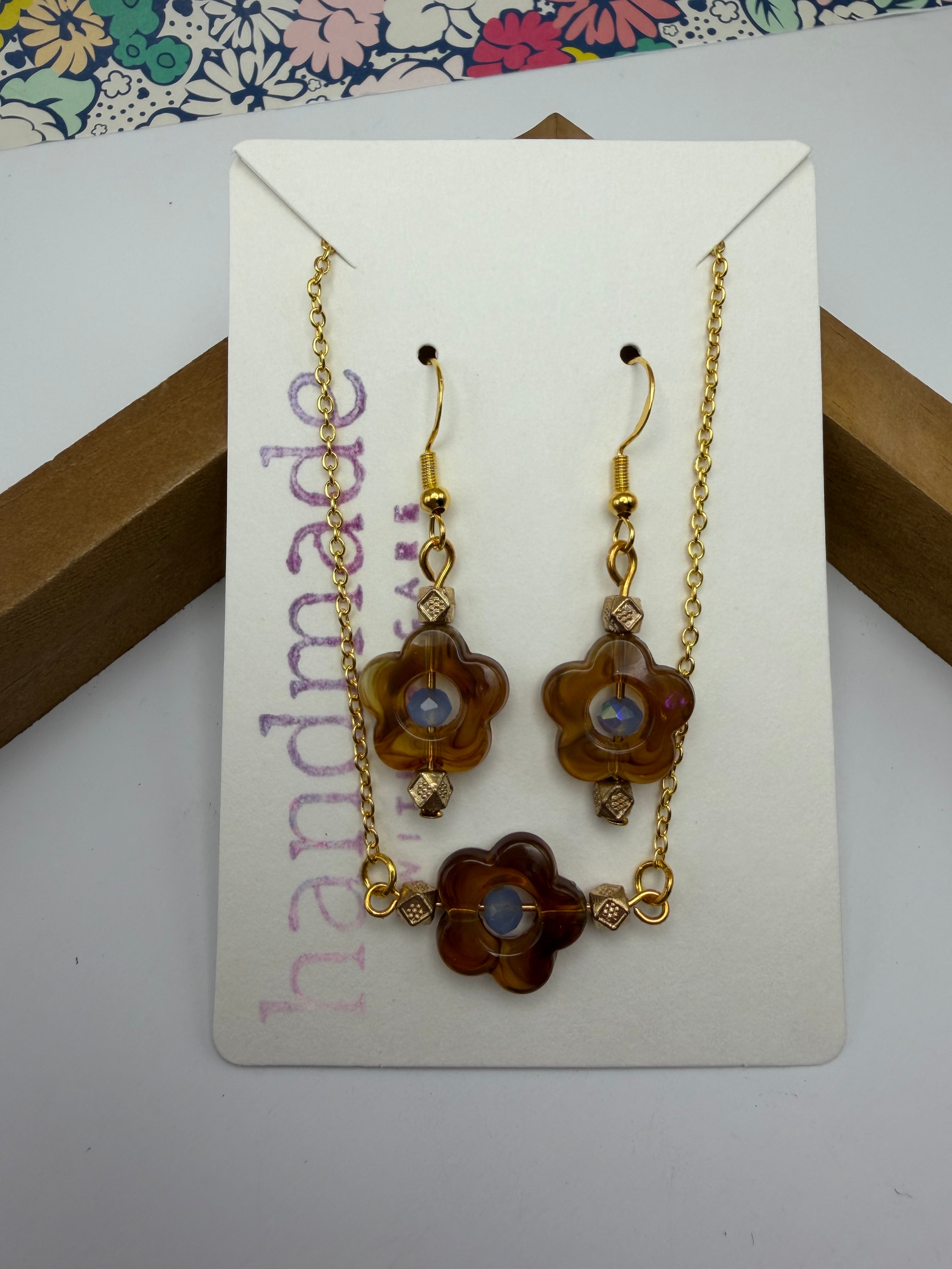 Brown and Blue Flower Beaded Necklace and Earring Set