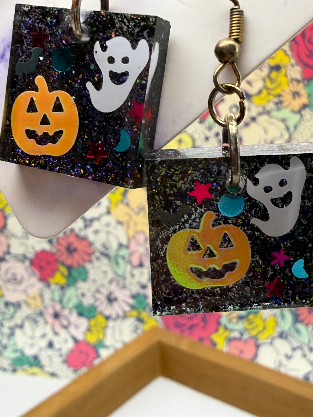 Ghost and Pumpkin Square Halloween Earrings