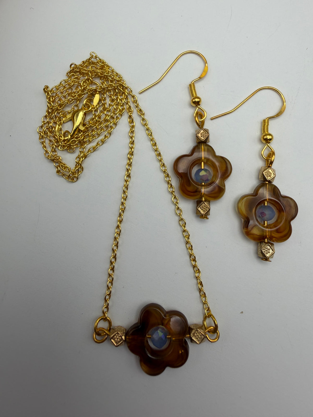 Brown and Blue Flower Beaded Necklace and Earring Set