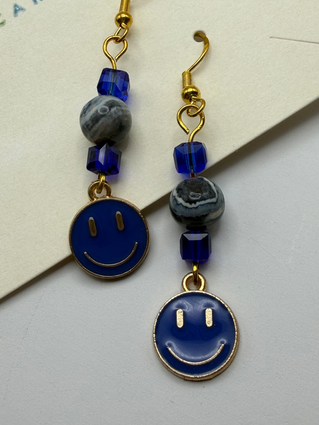 Blue Smiley Beaded Earrings