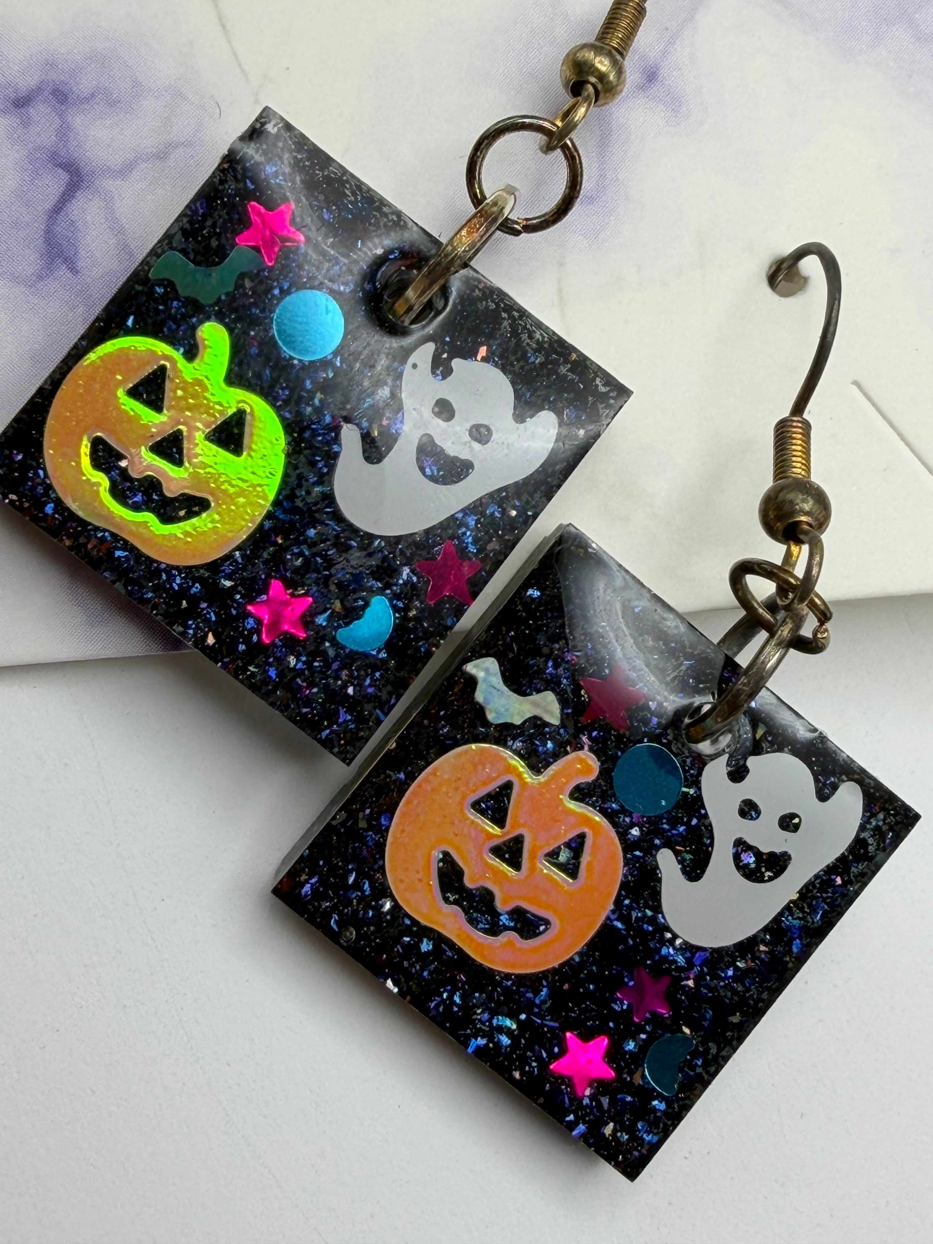 Ghost and Pumpkin Square Halloween Earrings