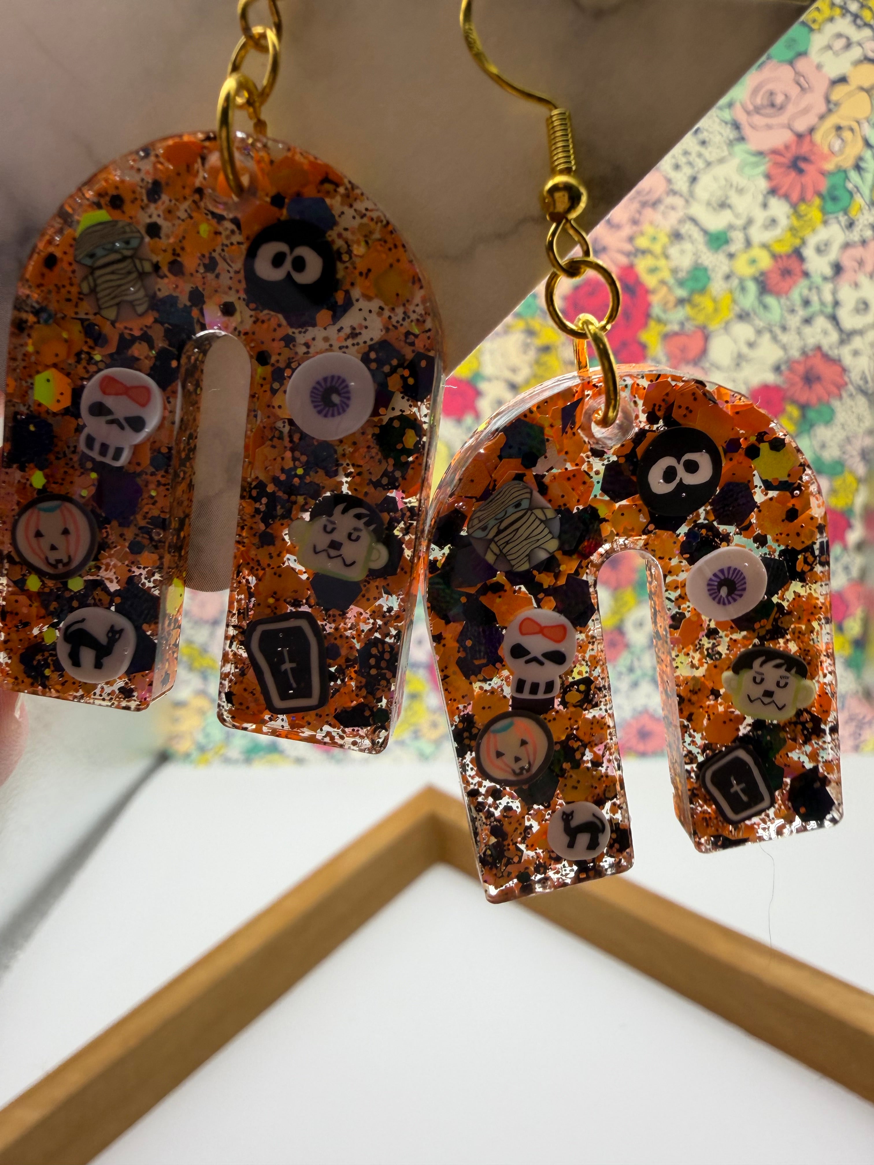 Orange and Black Halloween Arch Charm Earrings