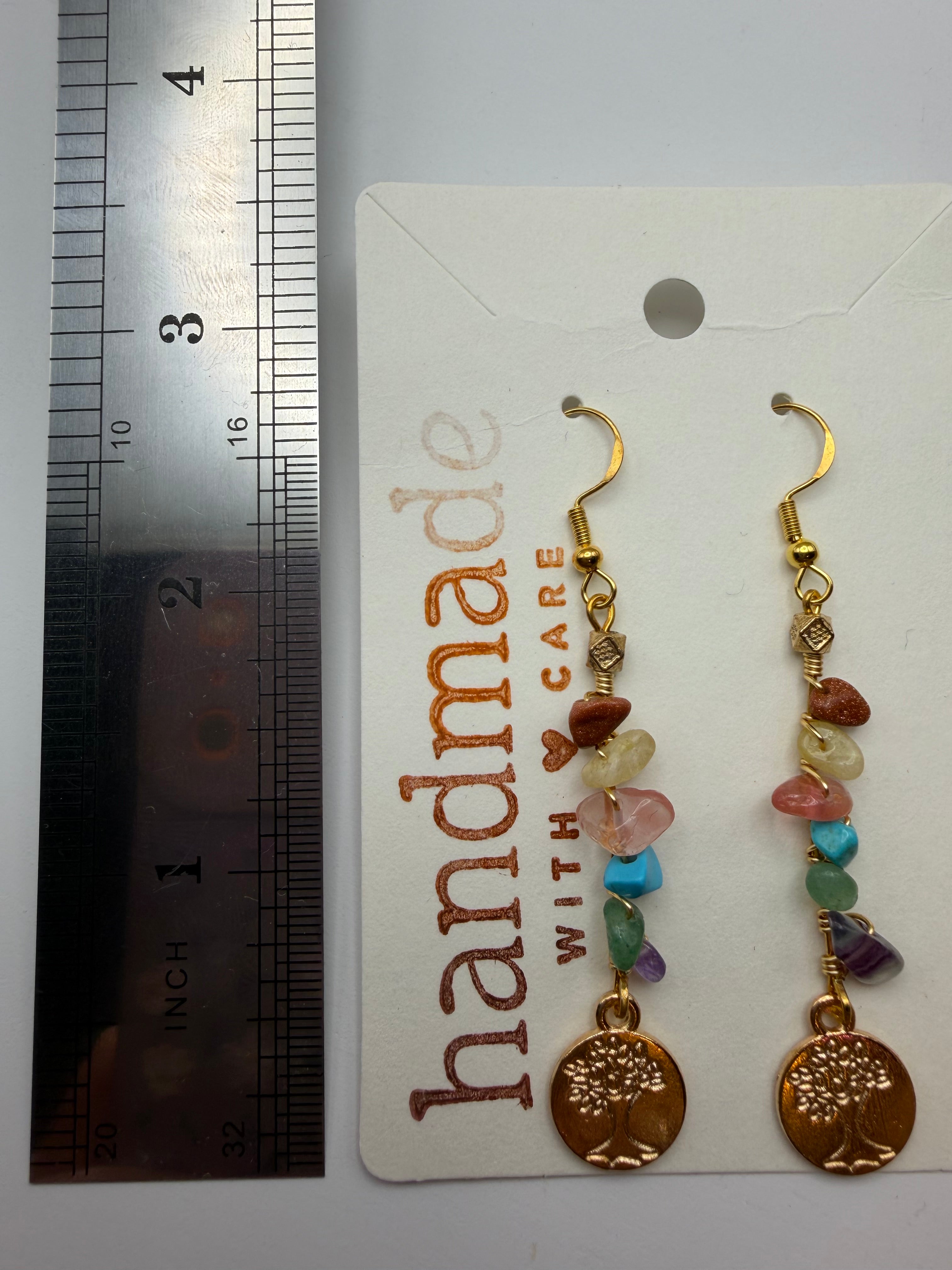 Colorful Rock Beaded Wire Earrings with Gold Tree Dangle