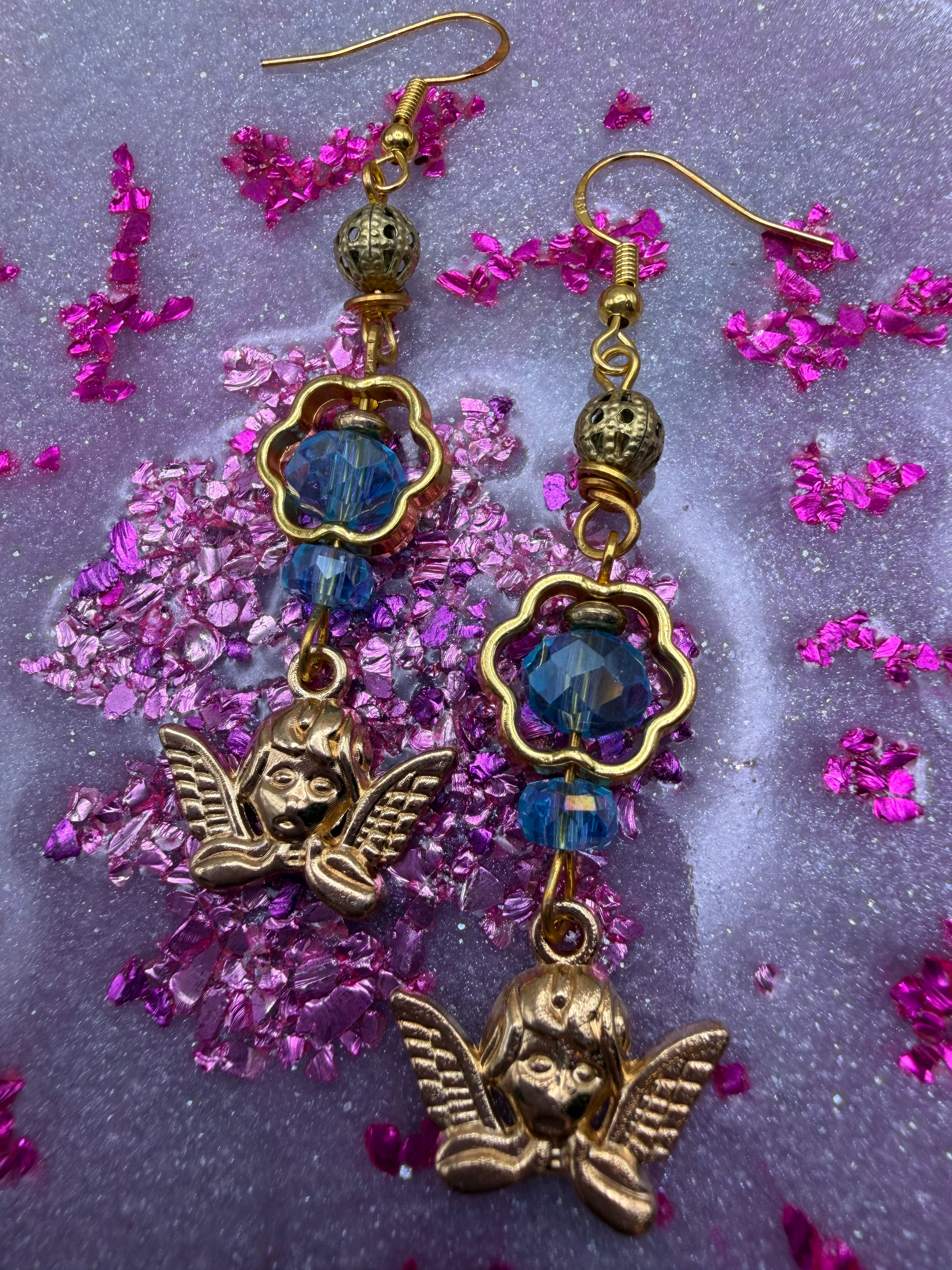 Blue and Gold Angel Earrings