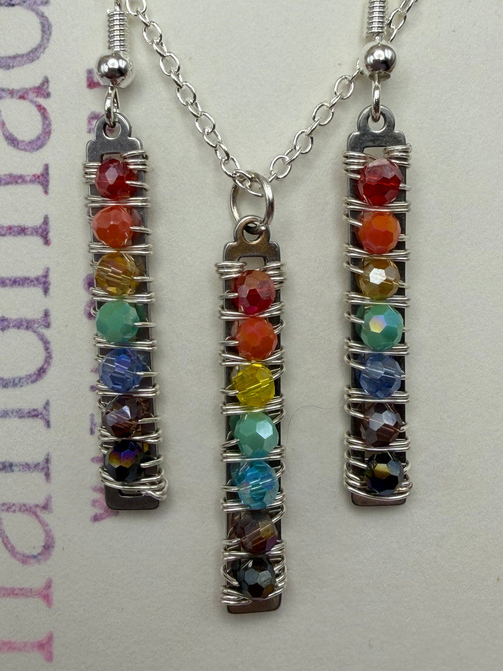 Multicolor Bead Wire Wrapped Necklace and Earring Set