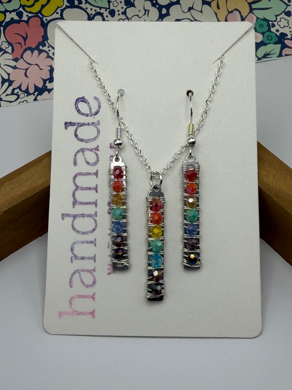 Multicolor Bead Wire Wrapped Necklace and Earring Set