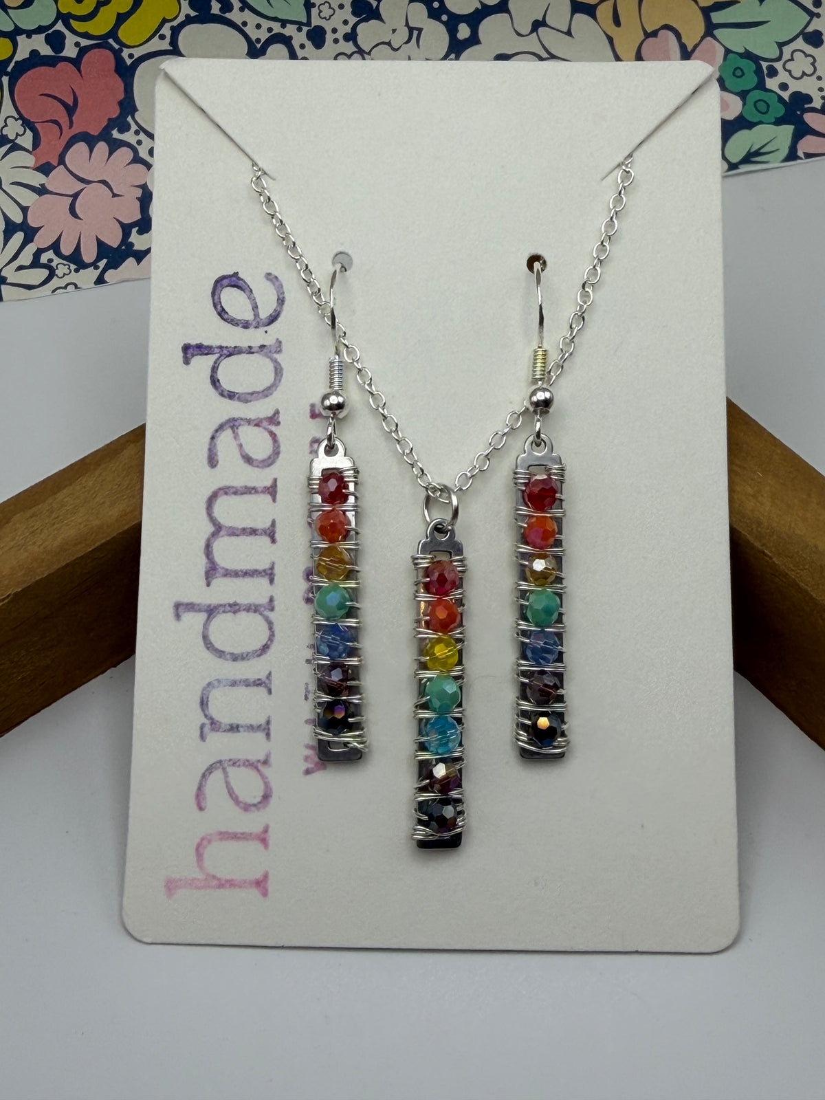 Multicolor Bead Wire Wrapped Necklace and Earring Set