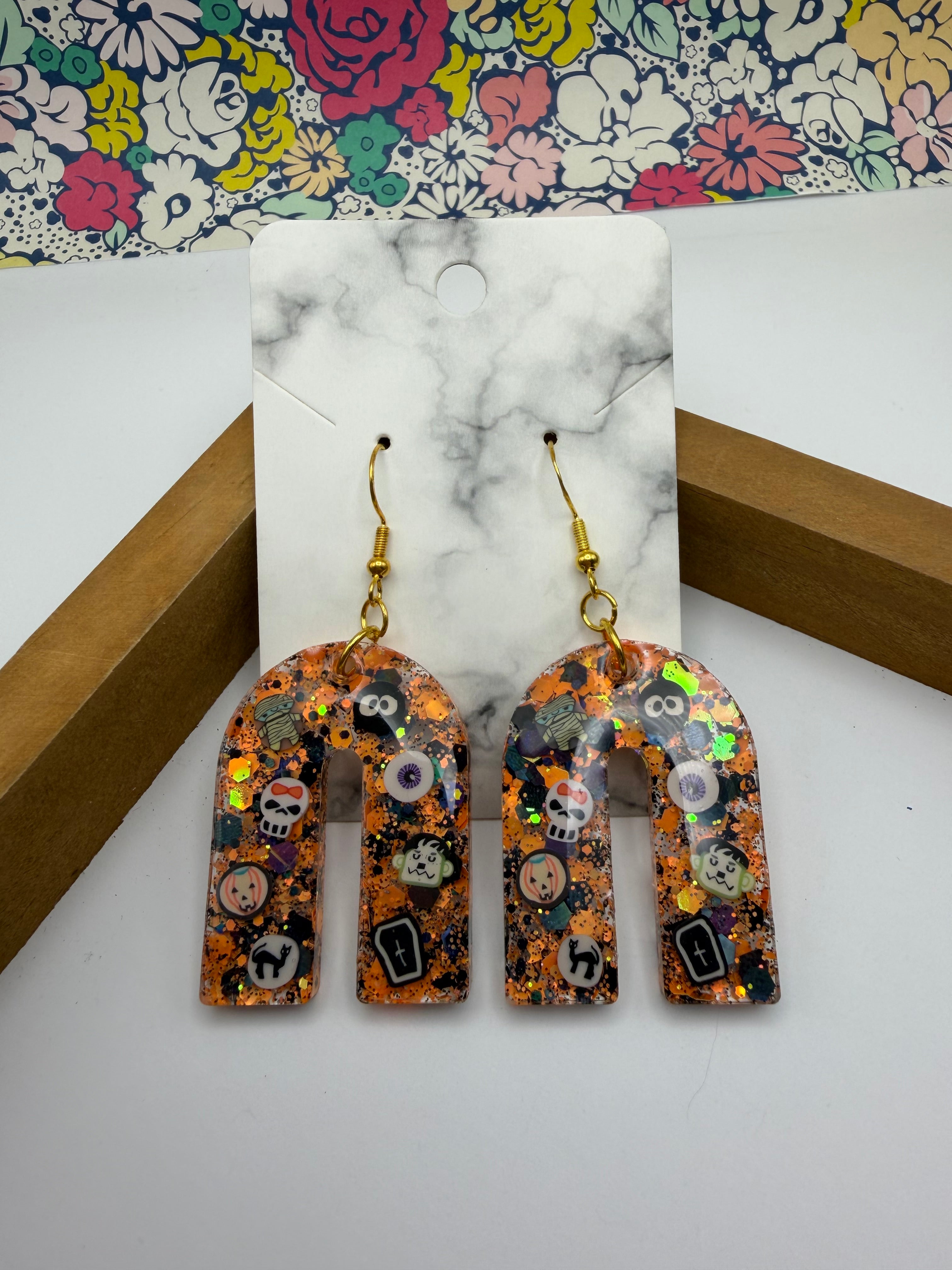 Orange and Black Halloween Arch Charm Earrings