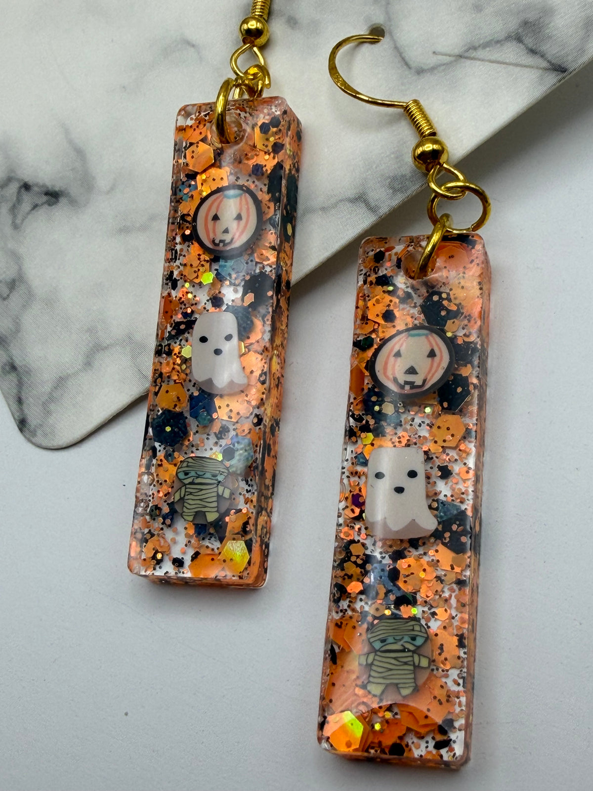 Orange and Black Rectangular Halloween Charm Earrings
